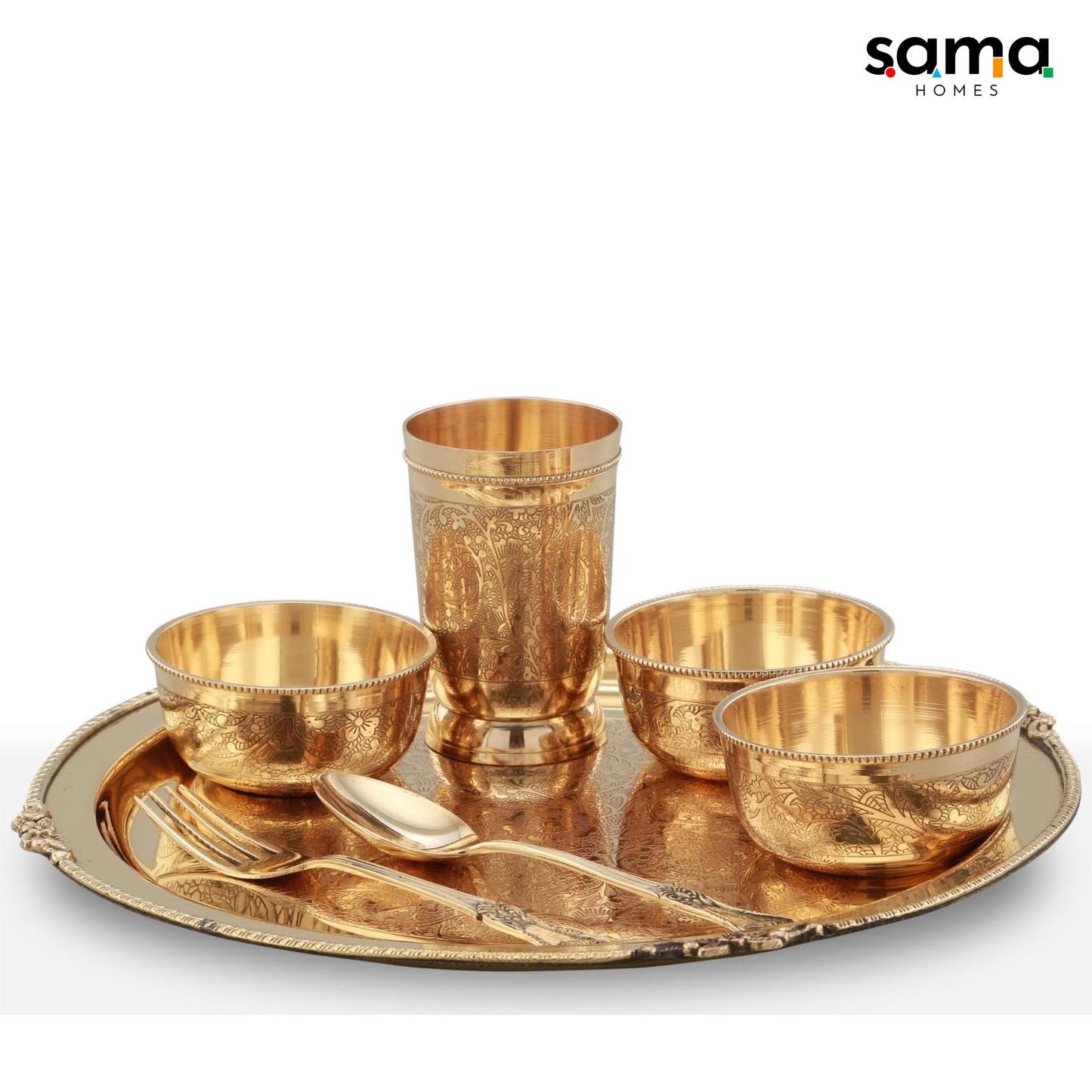 7-Piece Brass Etched Dinner Set | Handcrafted Traditional Tableware for Healthy Living | Eco-Friendly Dining Essentials - Sama Homes