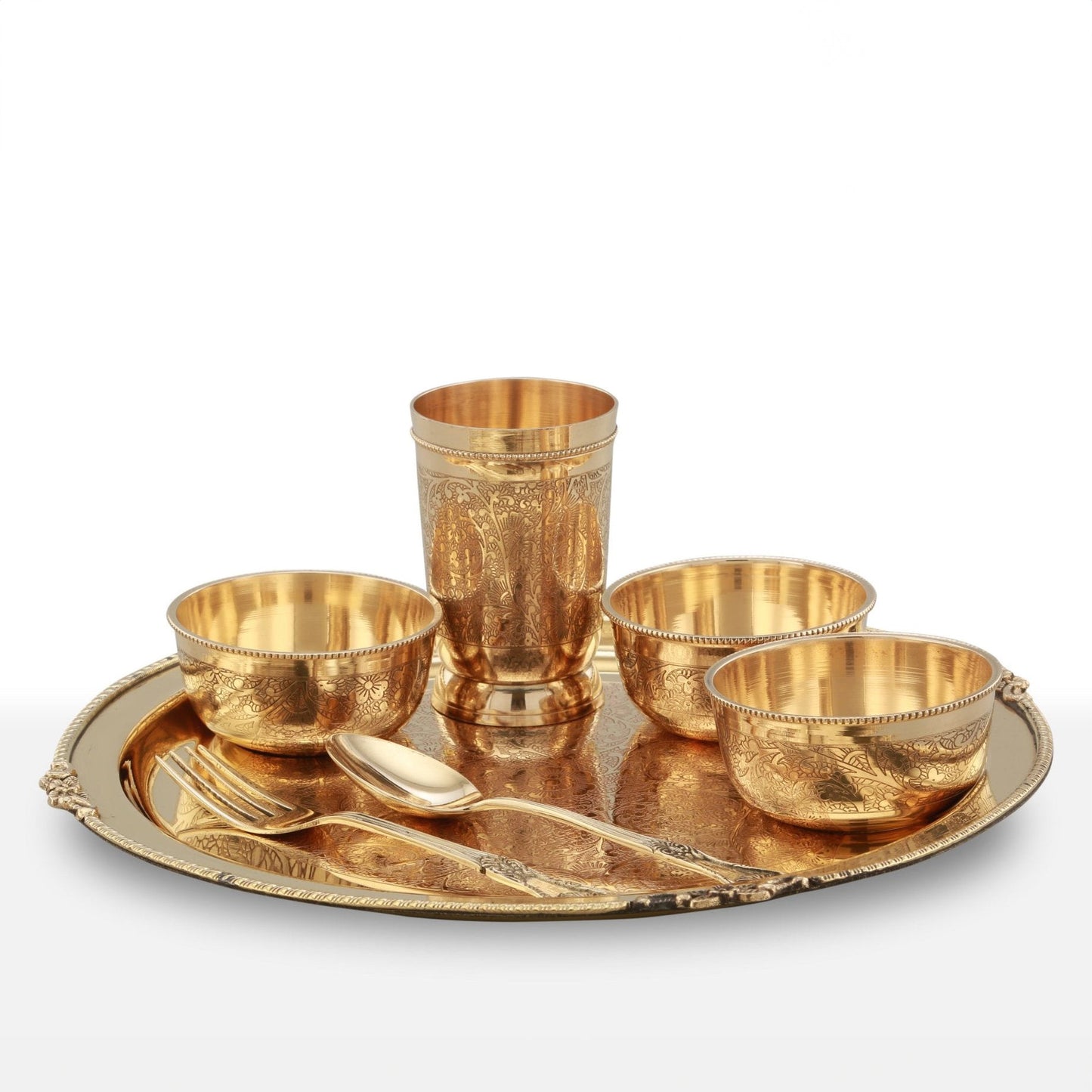 7-Piece Brass Etched Dinner Set | Handcrafted Traditional Tableware for Healthy Living | Eco-Friendly Dining Essentials - Sama Homes