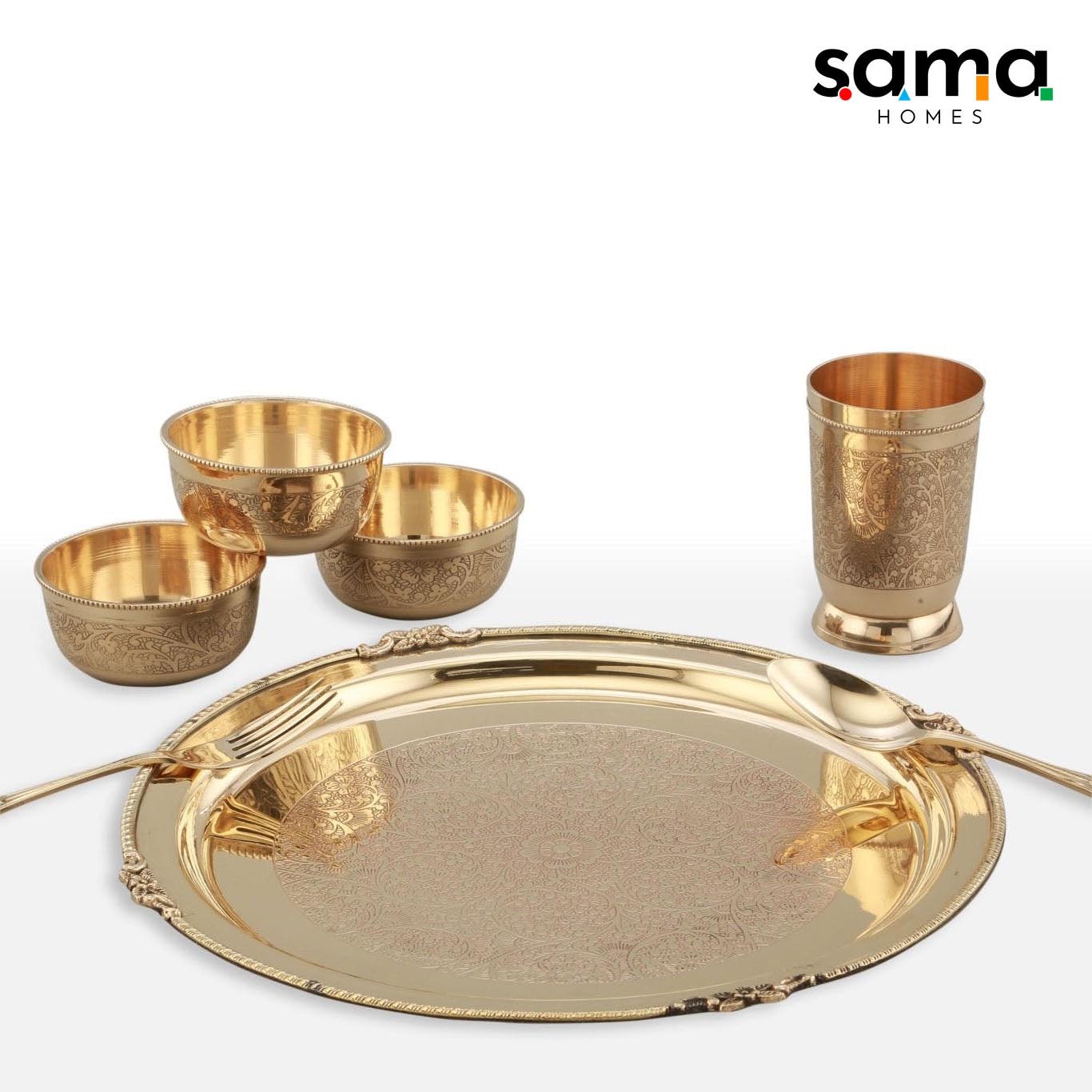 7-Piece Brass Etched Dinner Set | Handcrafted Traditional Tableware for Healthy Living | Eco-Friendly Dining Essentials - Sama Homes