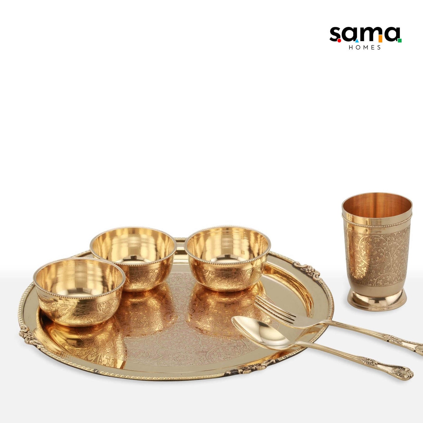 7-Piece Brass Etched Dinner Set | Handcrafted Traditional Tableware for Healthy Living | Eco-Friendly Dining Essentials - Sama Homes