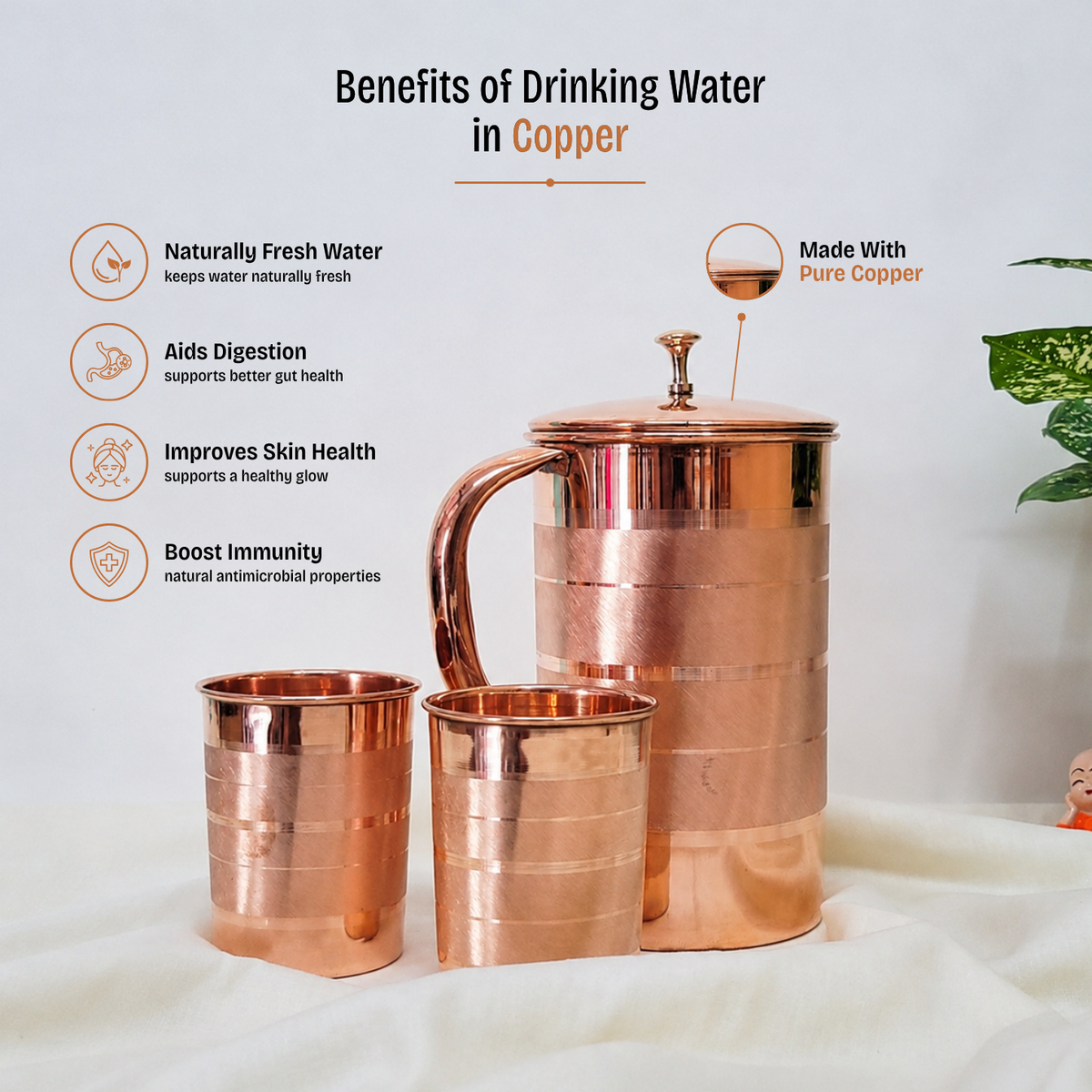 Traditional Copper Jug and Glass Set (4-Piece) | Handcrafted Ayurvedic Water Set
