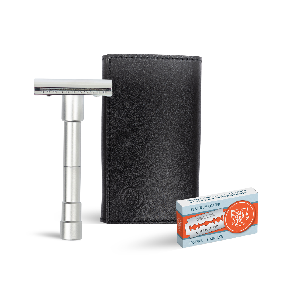 Merkur 3-Piece Travel DE Safety Razor Stright Cut Chrome with Blades In Black Leather Case