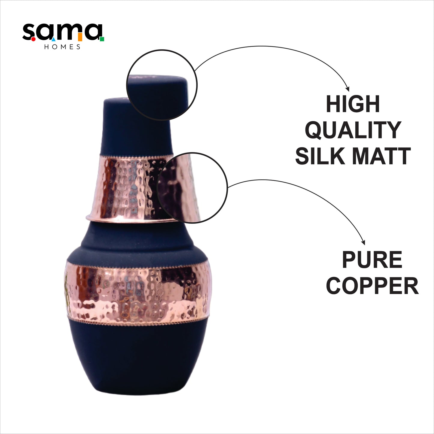 Pure Copper Silk Black Venus Pot with Inbuilt Glass Capacity 1400ML - Sama Homes