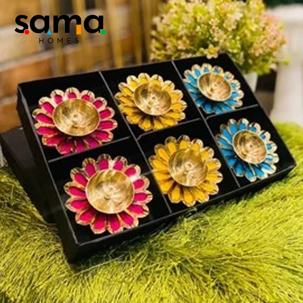 Sun Flower Shape Antique Brass Diwali Diya Set of 6 , For Temple Pooja Diwali Special - Sama Homes