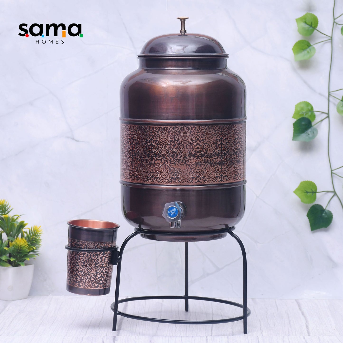 Pure Copper Water Dispenser with Glass and Stand Antique Engraved Designed Combo. - Sama Homes