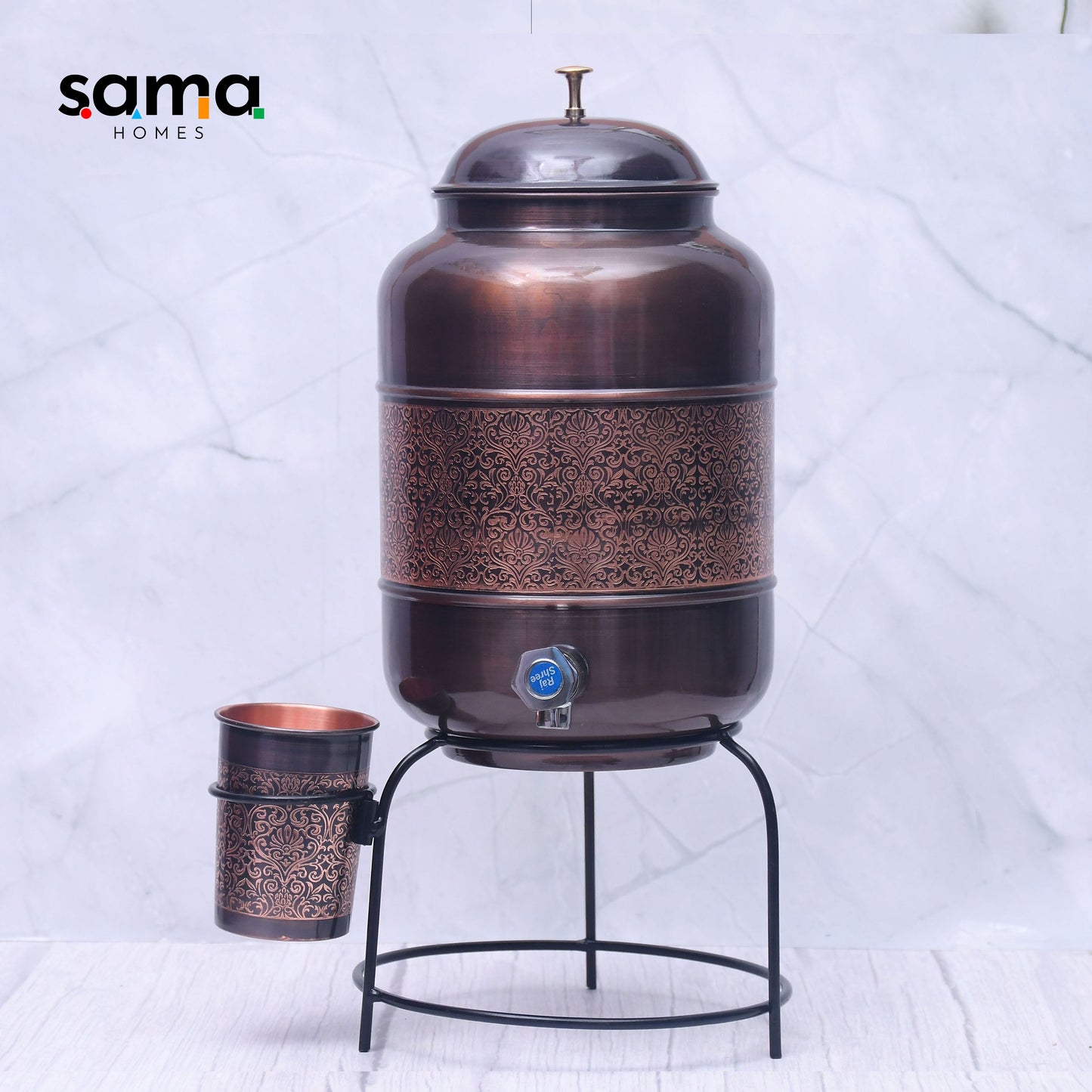 Pure Copper Water Dispenser with Glass and Stand Antique Engraved Designed Combo. - Sama Homes