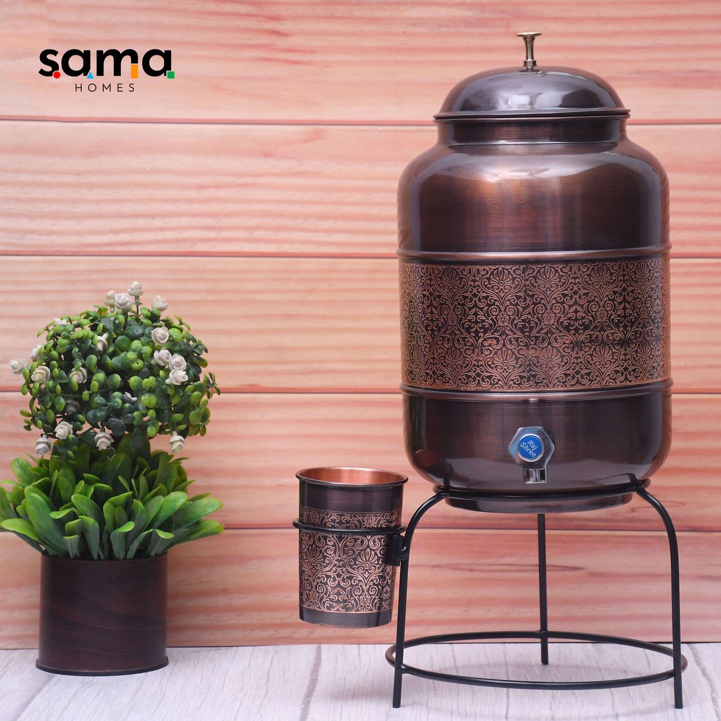Pure Copper Water Dispenser with Glass and Stand Antique Engraved Designed Combo. - Sama Homes