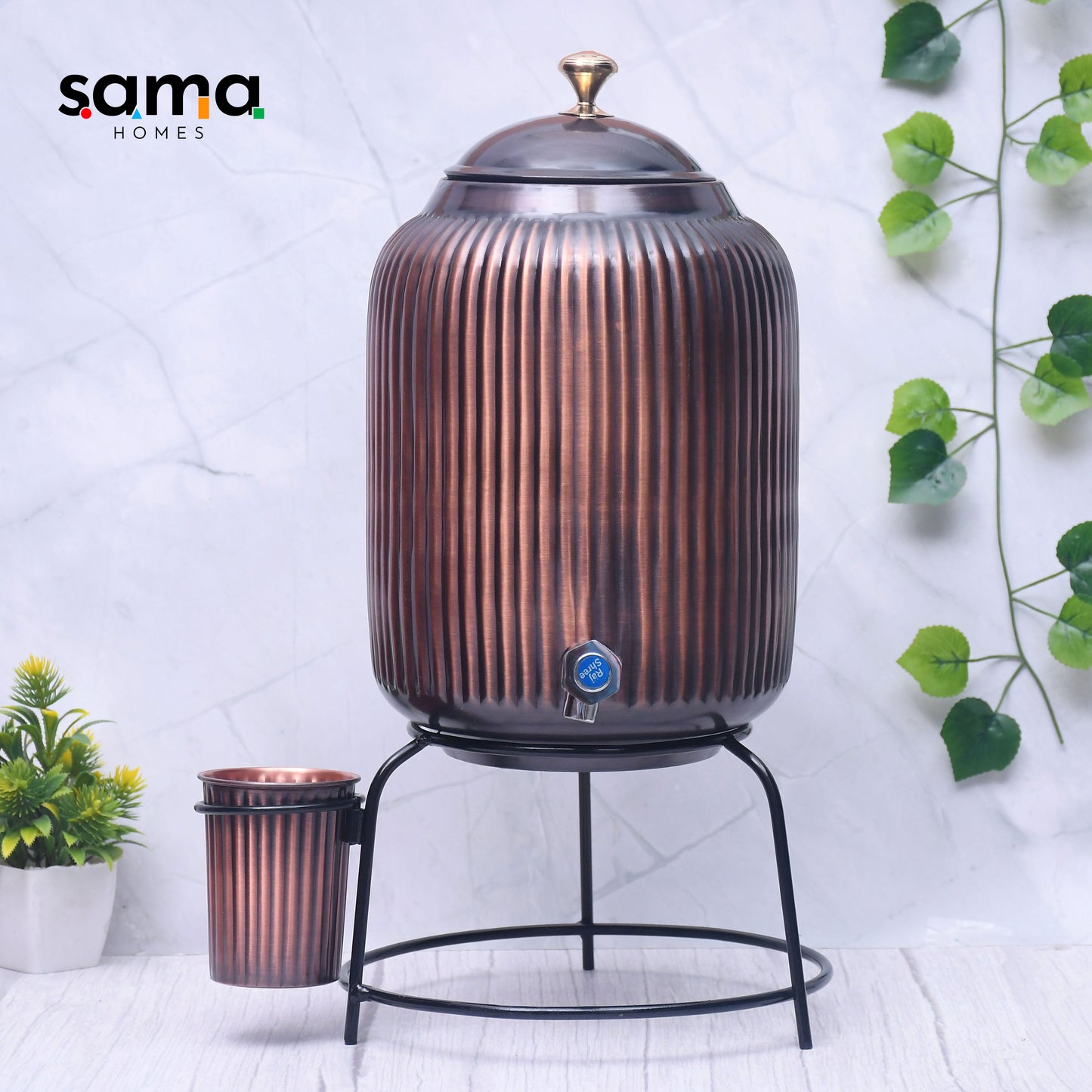 Pure Copper Water Dispenser with Glass and Stand Antique Rope Designed Combo | Premium Copper Drinkware - Sama Homes