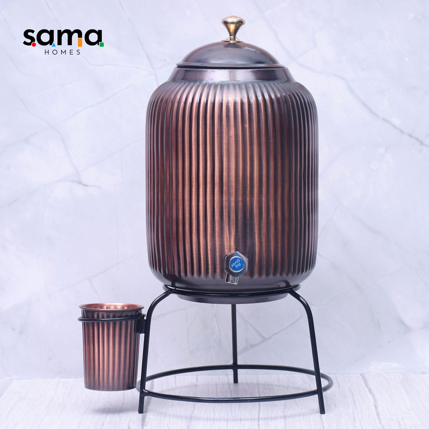 Pure Copper Water Dispenser with Glass and Stand Antique Rope Designed Combo | Premium Copper Drinkware - Sama Homes