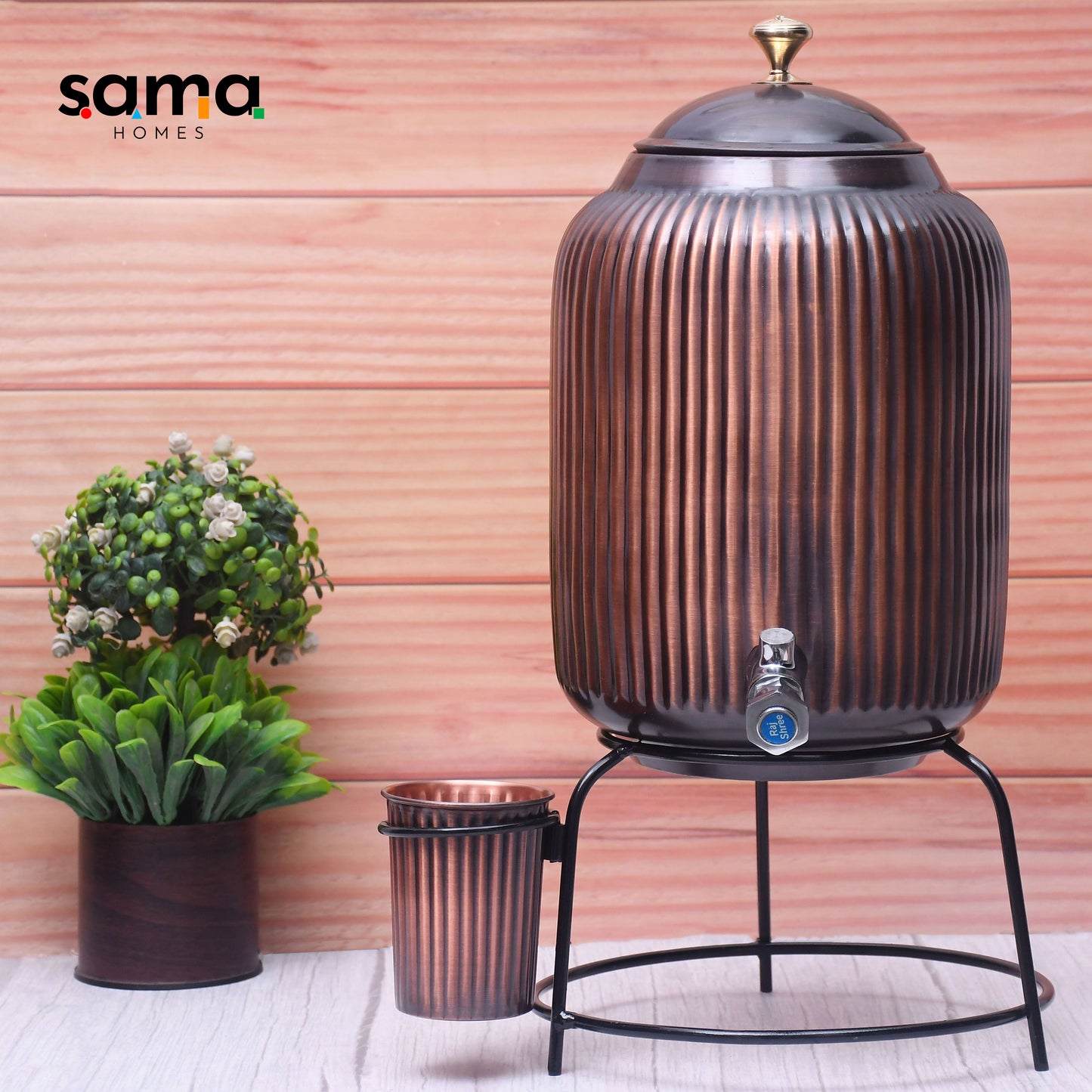 Pure Copper Water Dispenser with Glass and Stand Antique Rope Designed Combo | Premium Copper Drinkware - Sama Homes