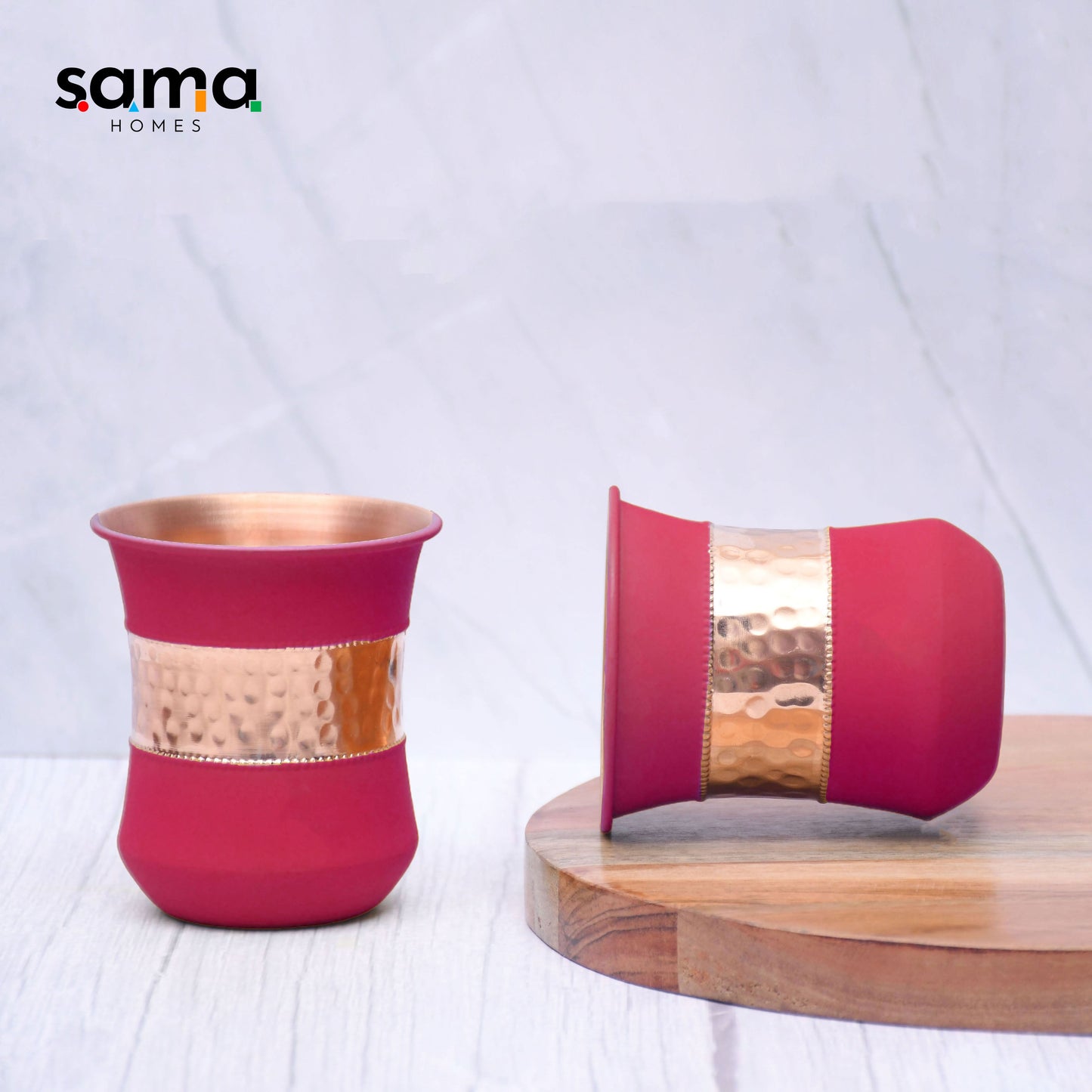 Pure Copper Water Glass Set of 2 Silk Red Cherry Half Hammered Damru Tumbler Capacity 300ML - Sama Homes