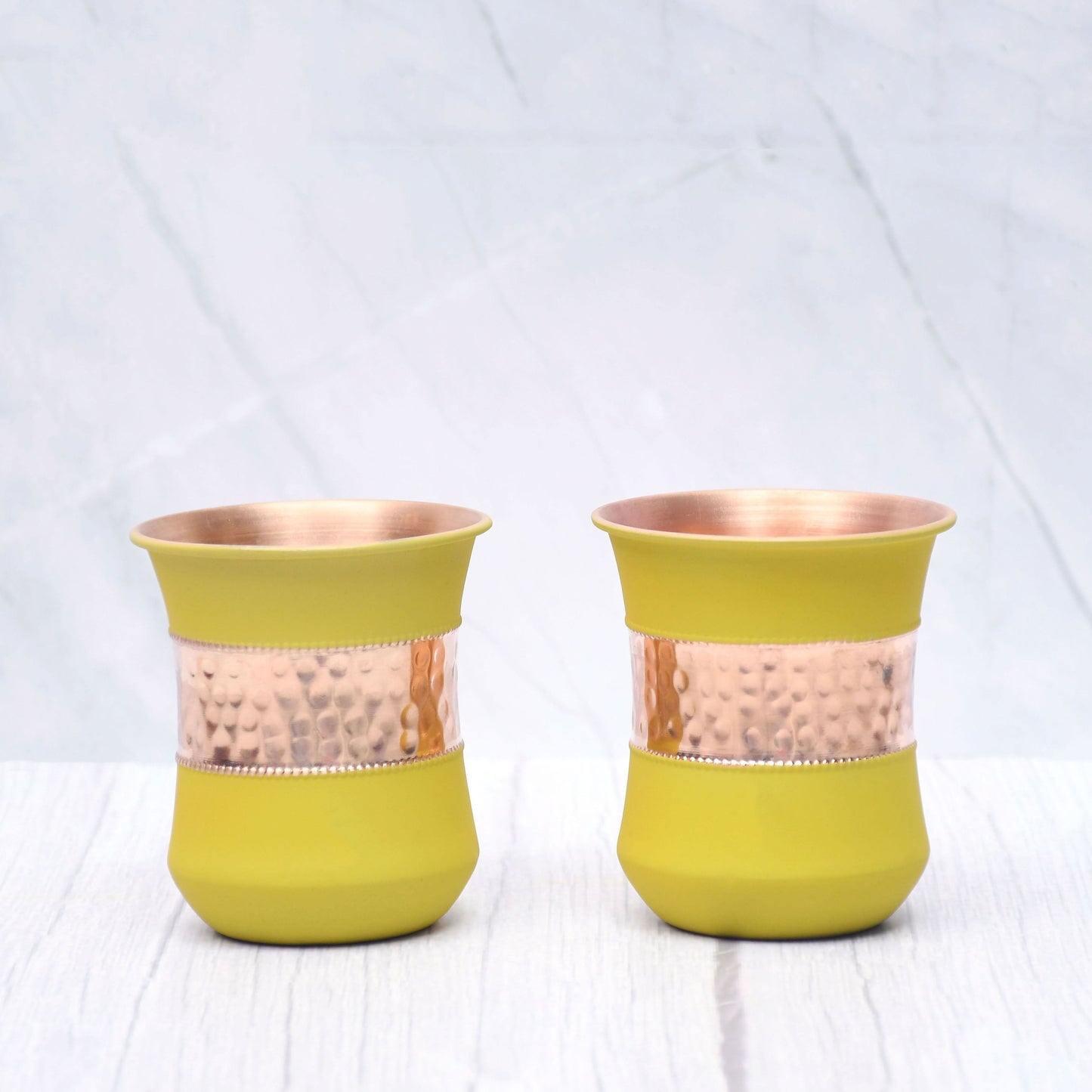 Pure Copper Water Glass Set of 2 Silk Yellow Half Hammered Damru Tumbler Capacity 300ML - Sama Homes
