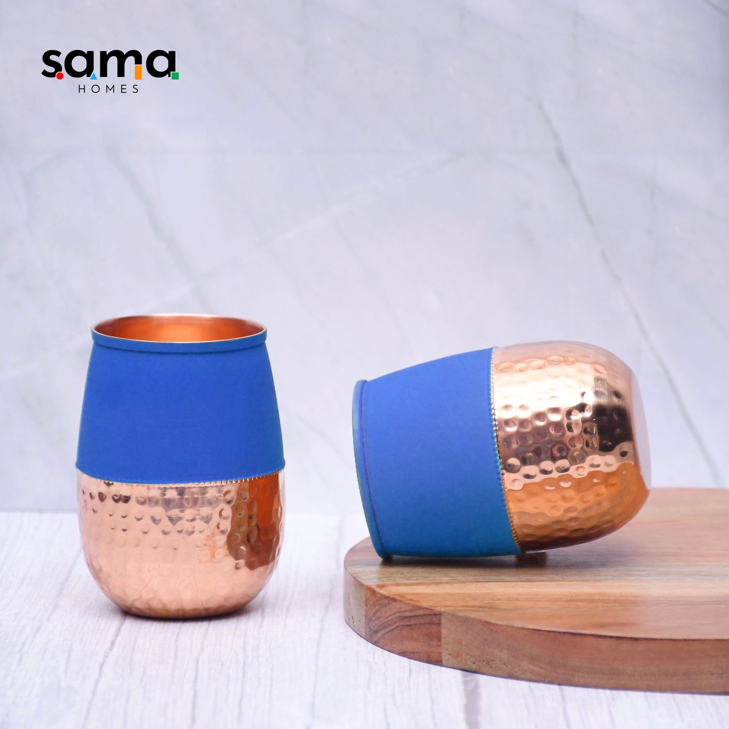 Pure Copper Water Glass Set of 2 Silk Blue Half Hammered Dholak Tumbler Capacity 250ML - Sama Homes