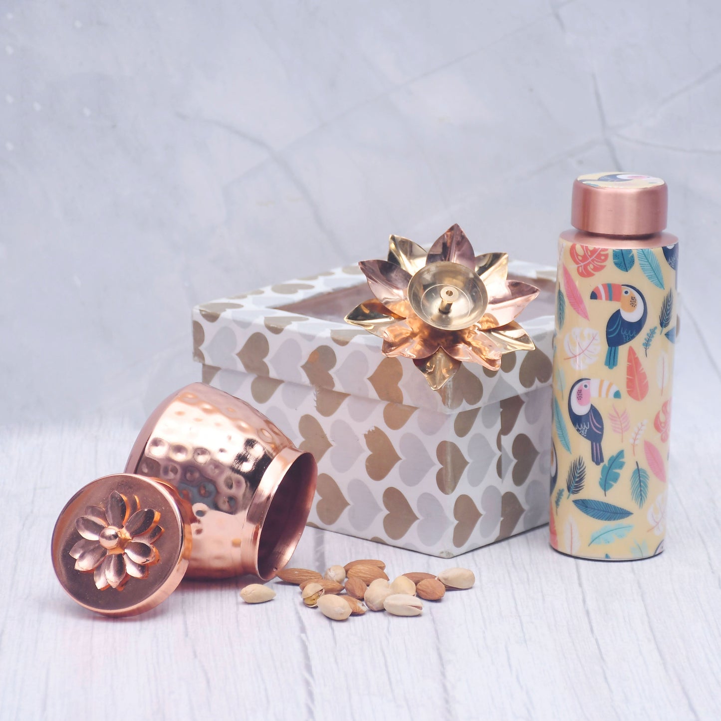 Pure Copper Bottle with Container Jar and Floral Candle Holder Set of 3 Combo - Sama Homes