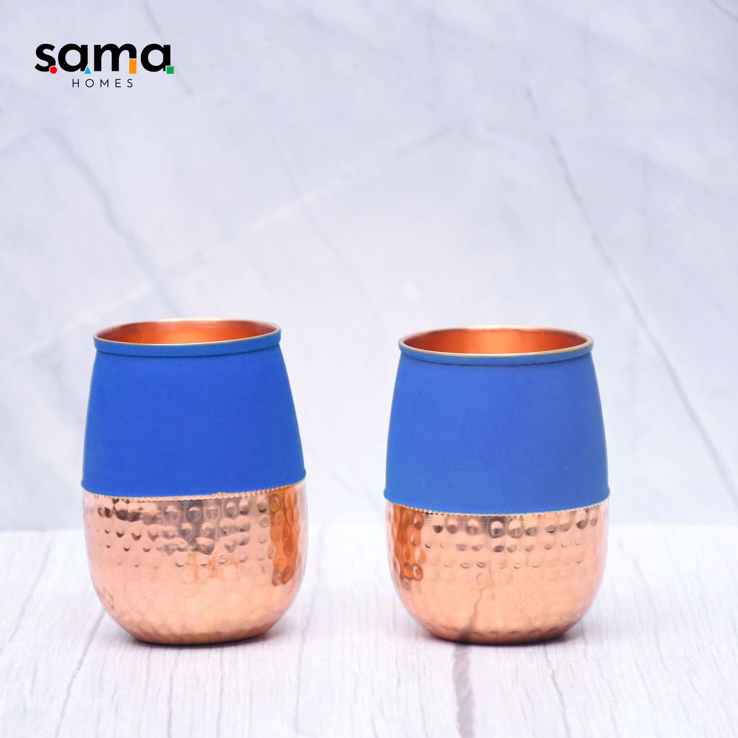 Pure Copper Water Glass Set of 2 Silk Blue Half Hammered Dholak Tumbler Capacity 250ML - Sama Homes