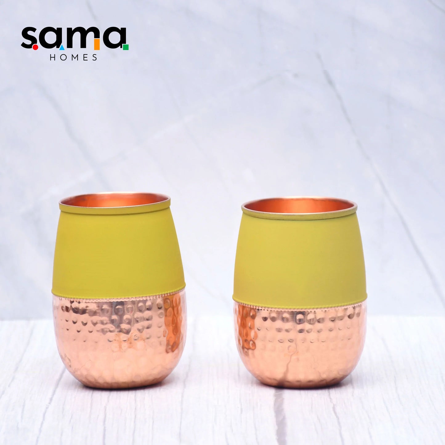 Pure Copper Water Glass Set of 2 Silk Yellow Half Hammered Dholak Tumbler Capacity 250ML - Sama Homes