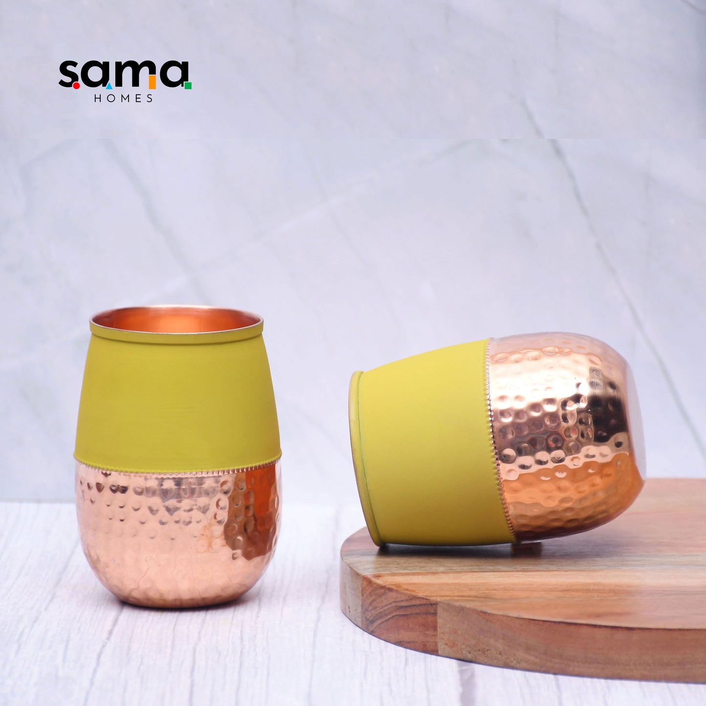 Pure Copper Water Glass Set of 2 Silk Yellow Half Hammered Dholak Tumbler Capacity 250ML - Sama Homes