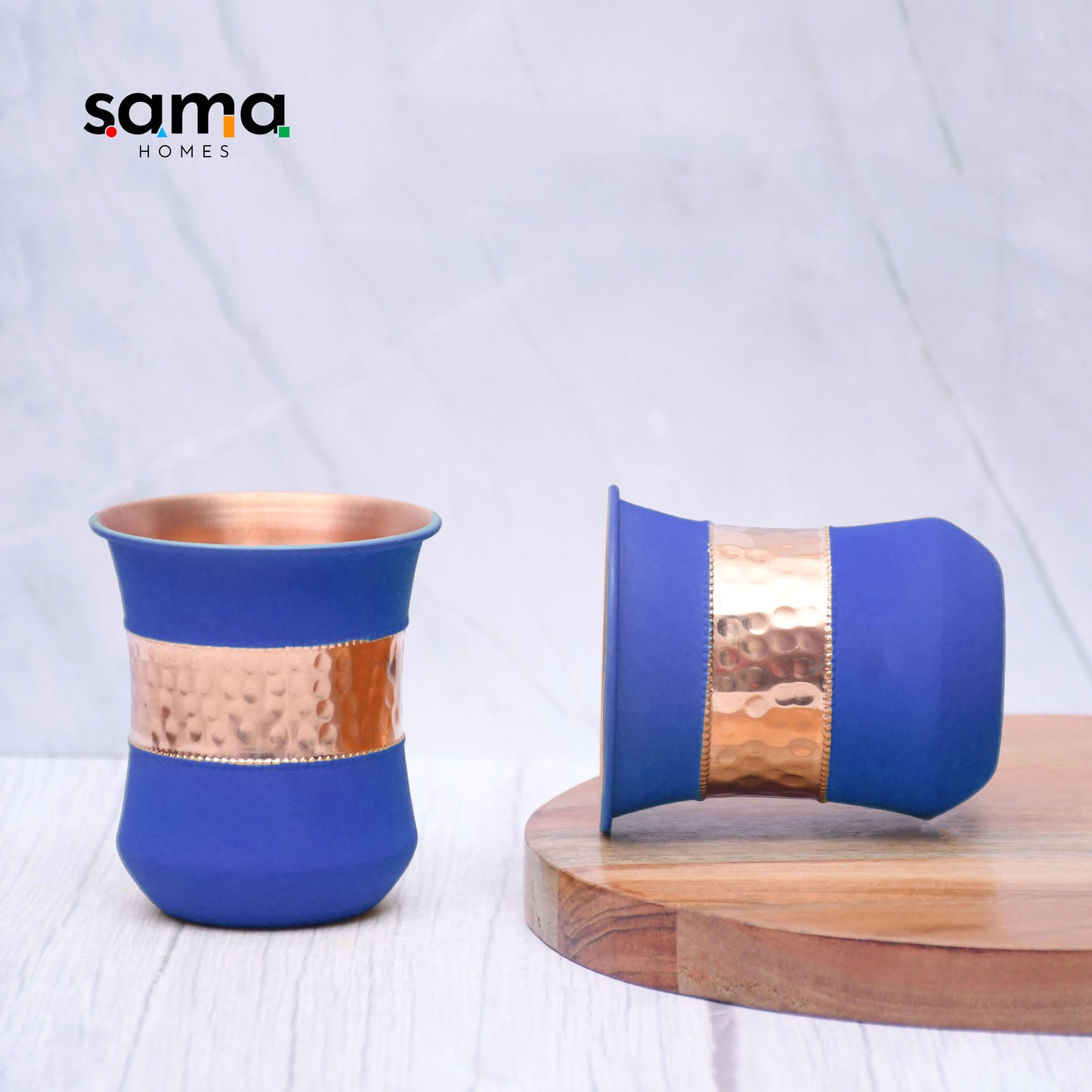 Pure Copper Water Bottle |Silk Blue Half Hammered with 2 Dholak Glasses| ( Set of 3 ) Capacity 1450 ML - Sama Homes