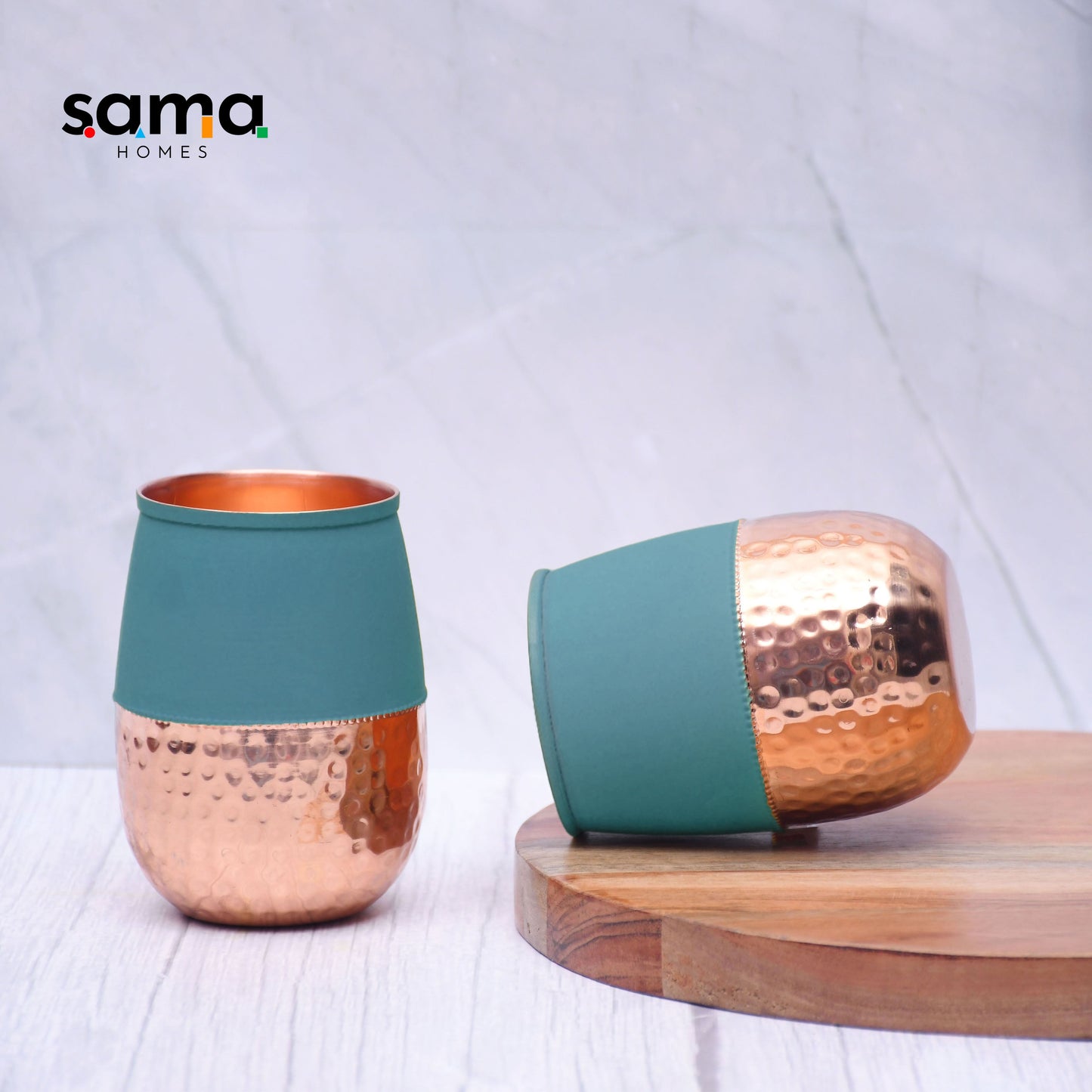 Pure Copper Water Glass Set of 2 Silk Green Half Hammered Dholak Tumbler Capacity 250ML - Sama Homes