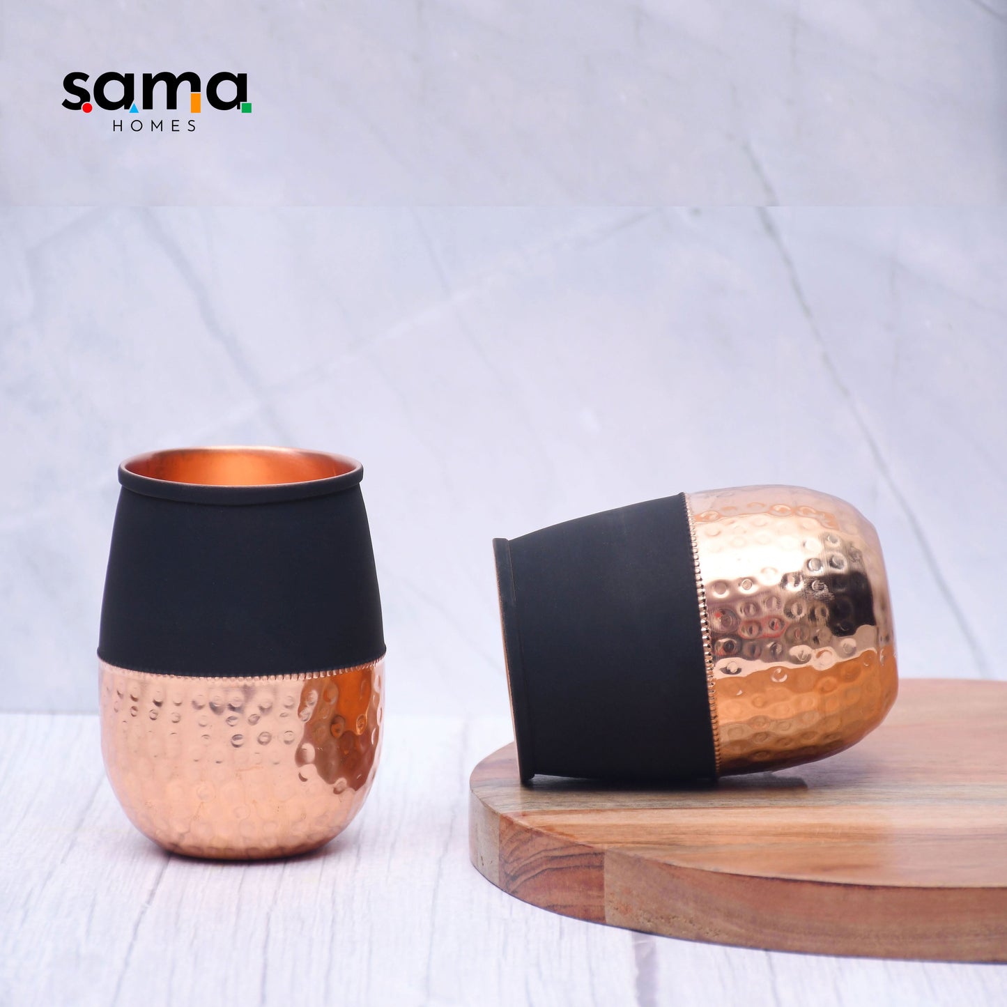 Pure Copper Water Glass Set of 2 Silk Black Half Hammered Dholak Tumbler Capacity 250ML - Sama Homes