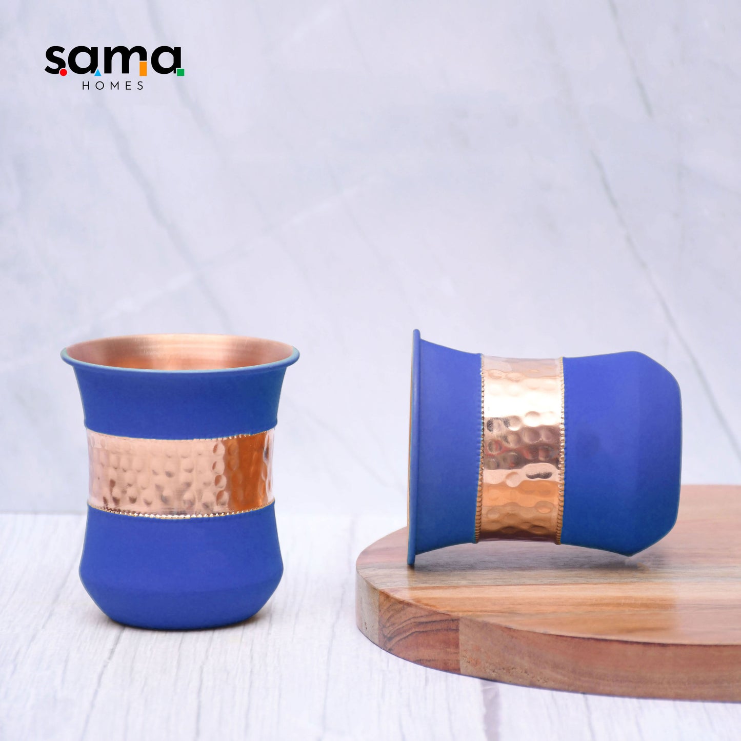 Pure Copper Water Glass Set of 2 Silk Blue Half Hammered Damru Tumbler Capacity 300ML - Sama Homes
