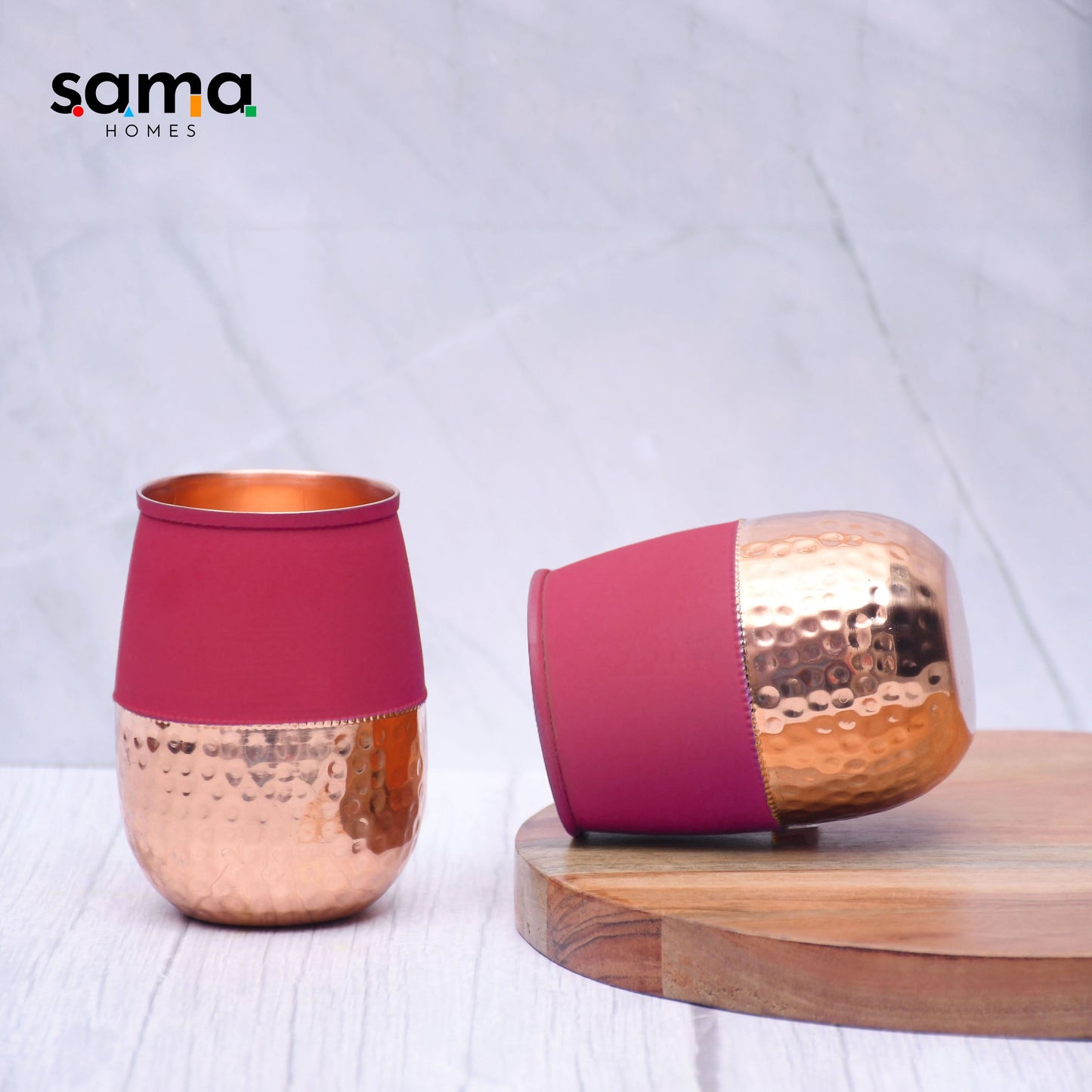 Pure Copper Water Glass Set of 2 Silk Red Cherry Half Hammered Dholak Tumbler Capacity 250ML - Sama Homes
