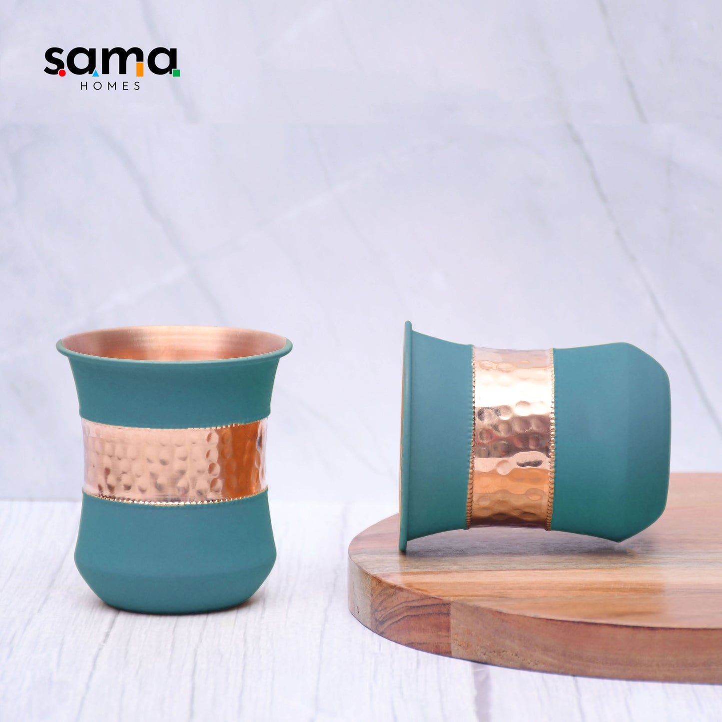 Pure Copper Water Glass Set of 2 Silk Green Half Hammered Damru Tumbler Capacity 300ML - Sama Homes