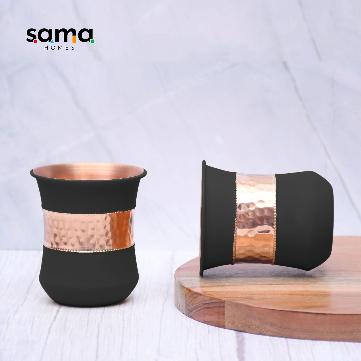 Pure Copper Water Glass Set of 2 Silk Black Half Hammered Damru Tumbler Capacity 300ML - Sama Homes