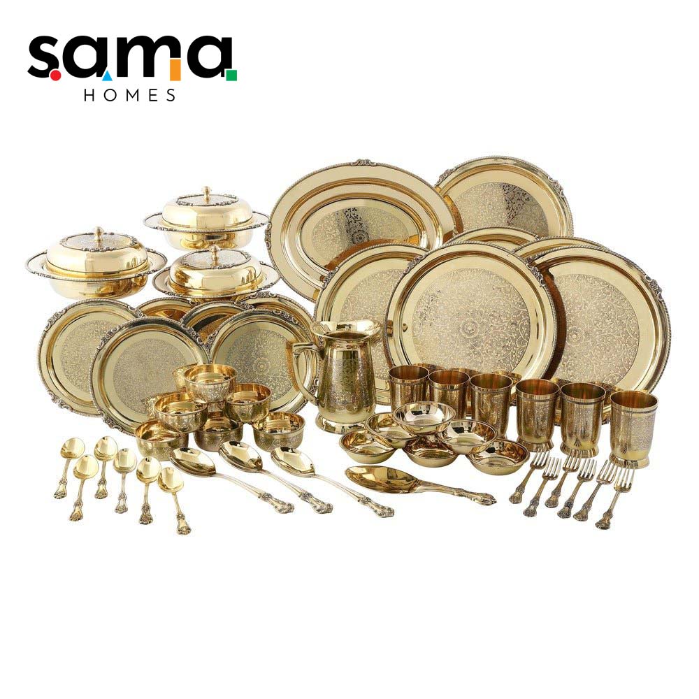 Royal Brass Hammered Dinner Set for 6 | 51-Piece Set | Luxurious Indian Dining Experience | Handcrafted Tableware - Sama Homes