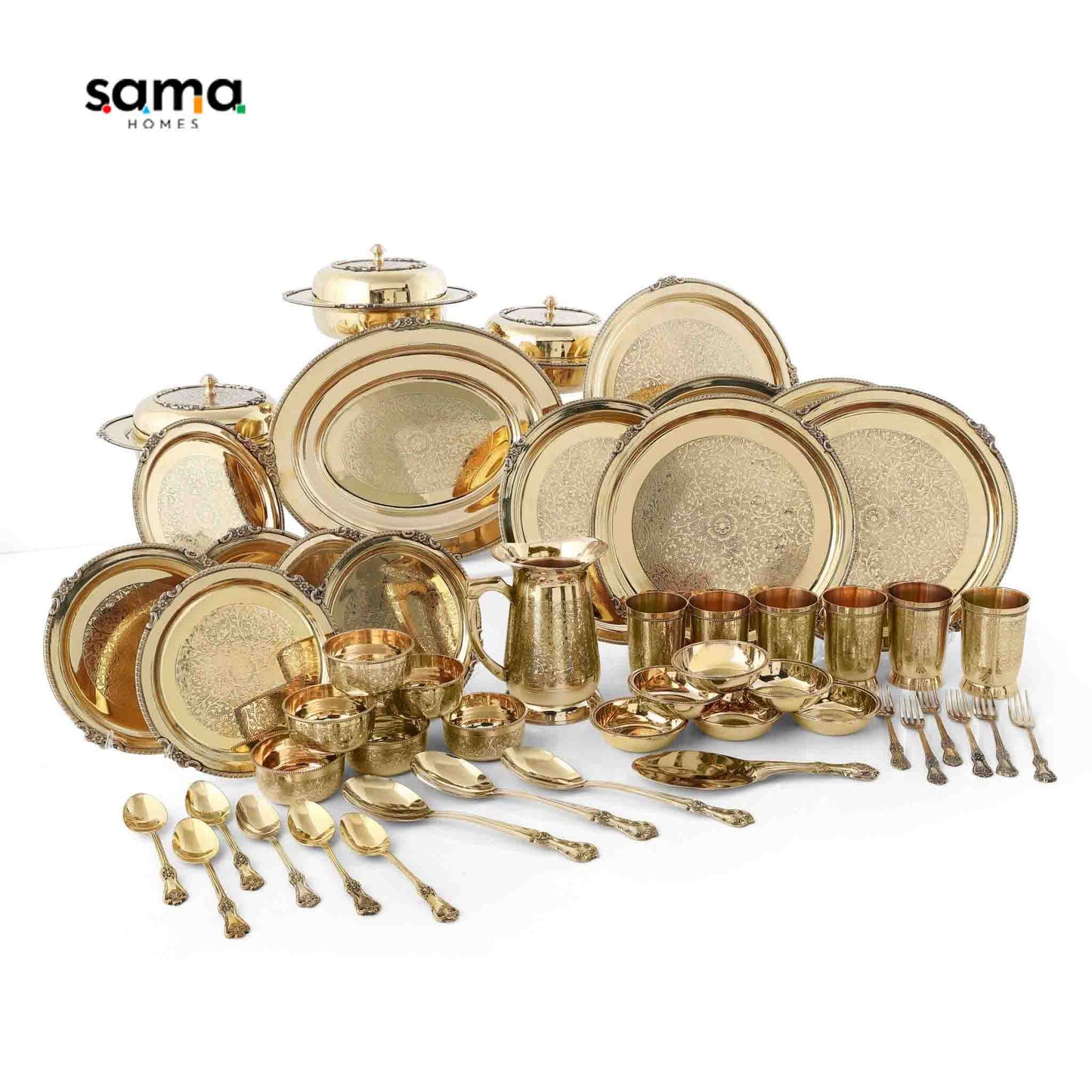 Royal Brass Hammered Dinner Set for 6 | 51-Piece Set | Luxurious Indian Dining Experience | Handcrafted Tableware - Sama Homes