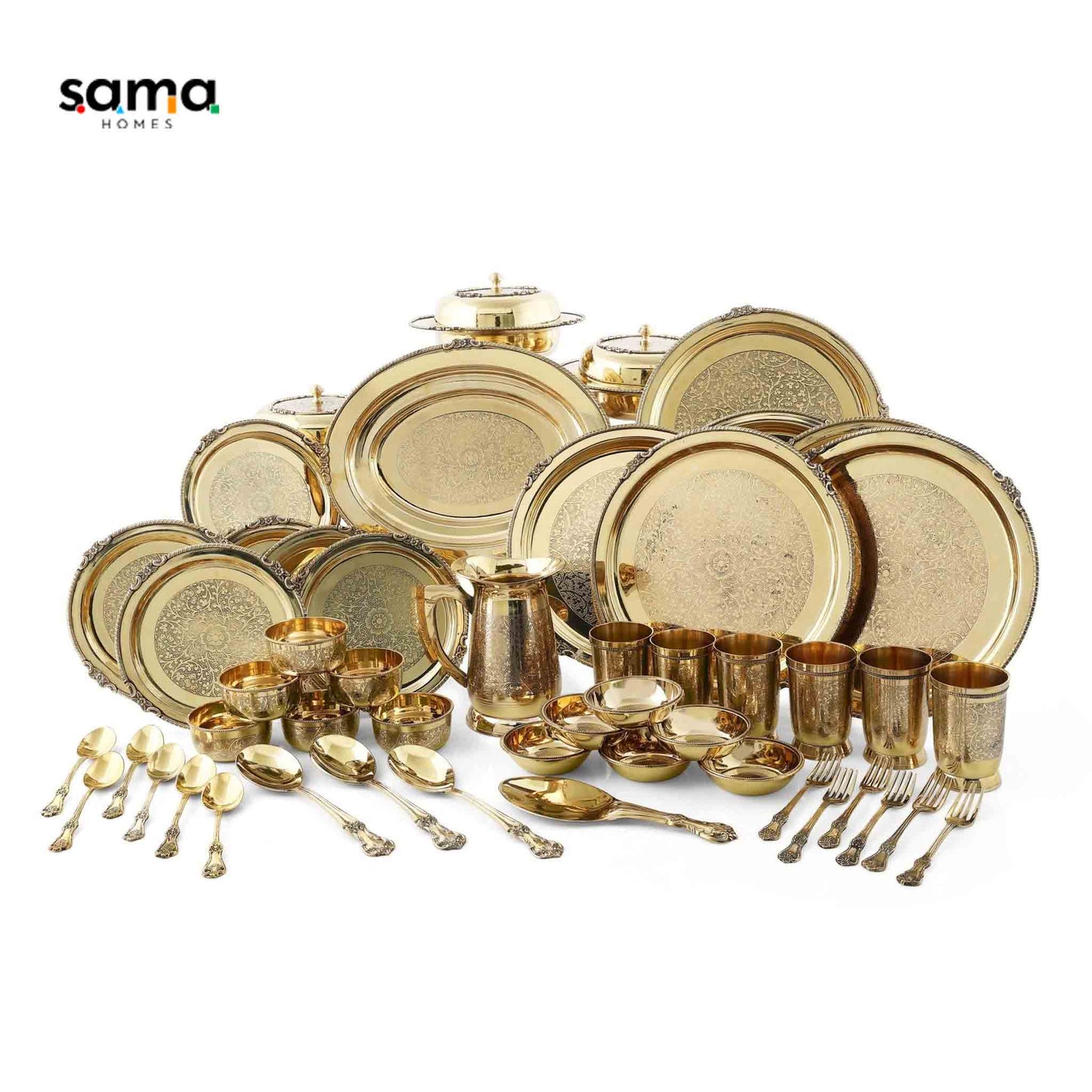 Royal Brass Hammered Dinner Set for 6 | 51-Piece Set | Luxurious Indian Dining Experience | Handcrafted Tableware - Sama Homes