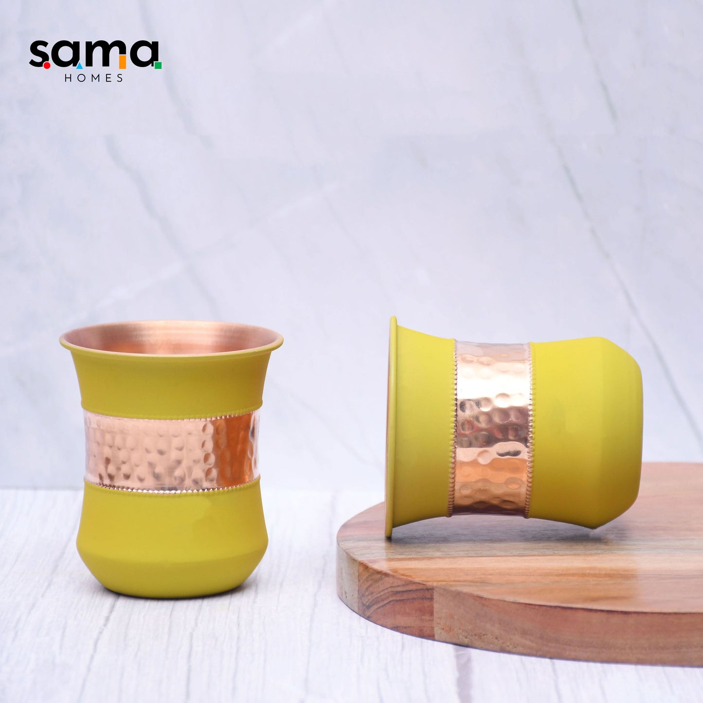 Pure Copper Water Glass Set of 2 Silk Yellow Half Hammered Damru Tumbler Capacity 300ML - Sama Homes
