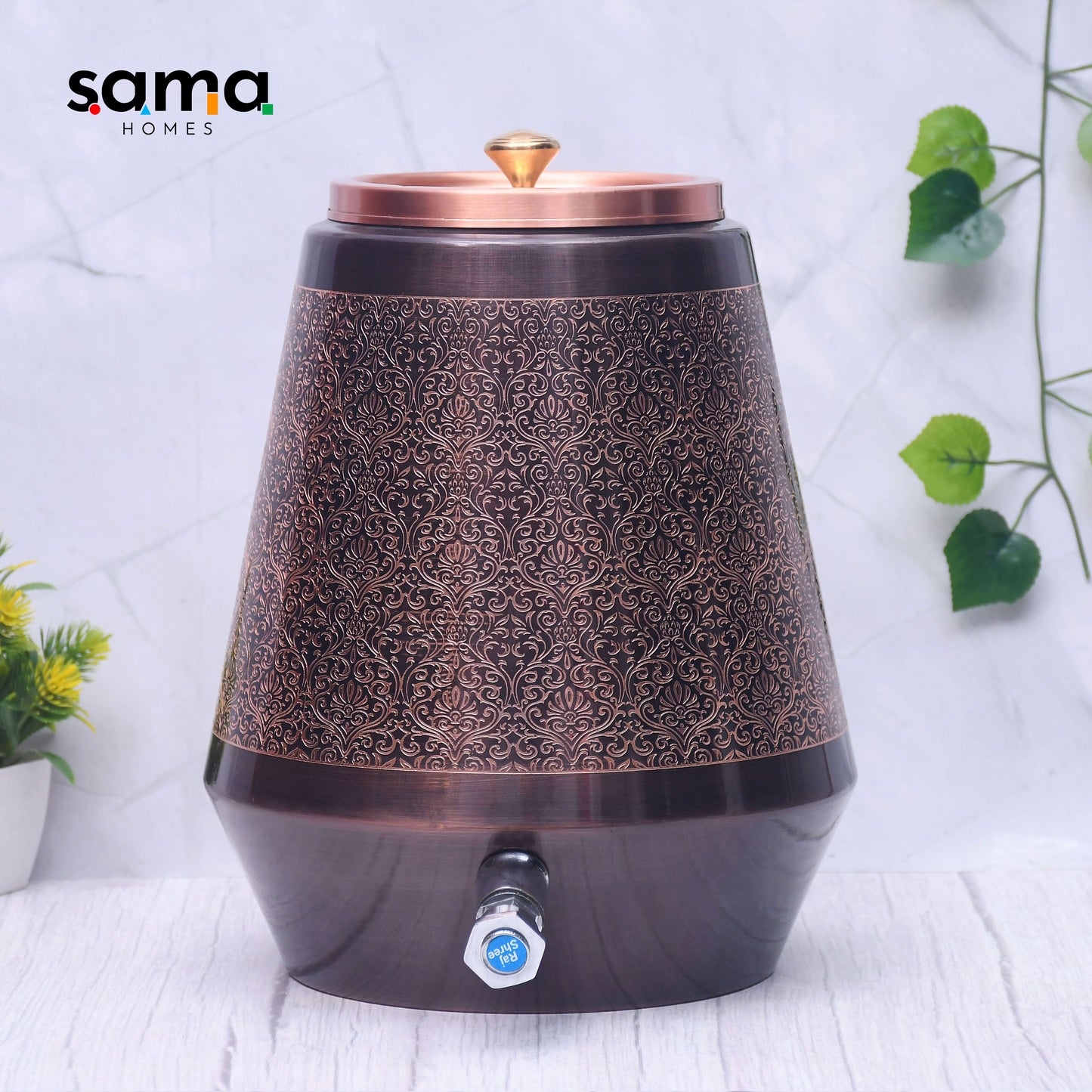 Pure Copper Water Dispenser | Conical Antique Engraved Design | Capacity 5 & 8 Liter - Sama Homes