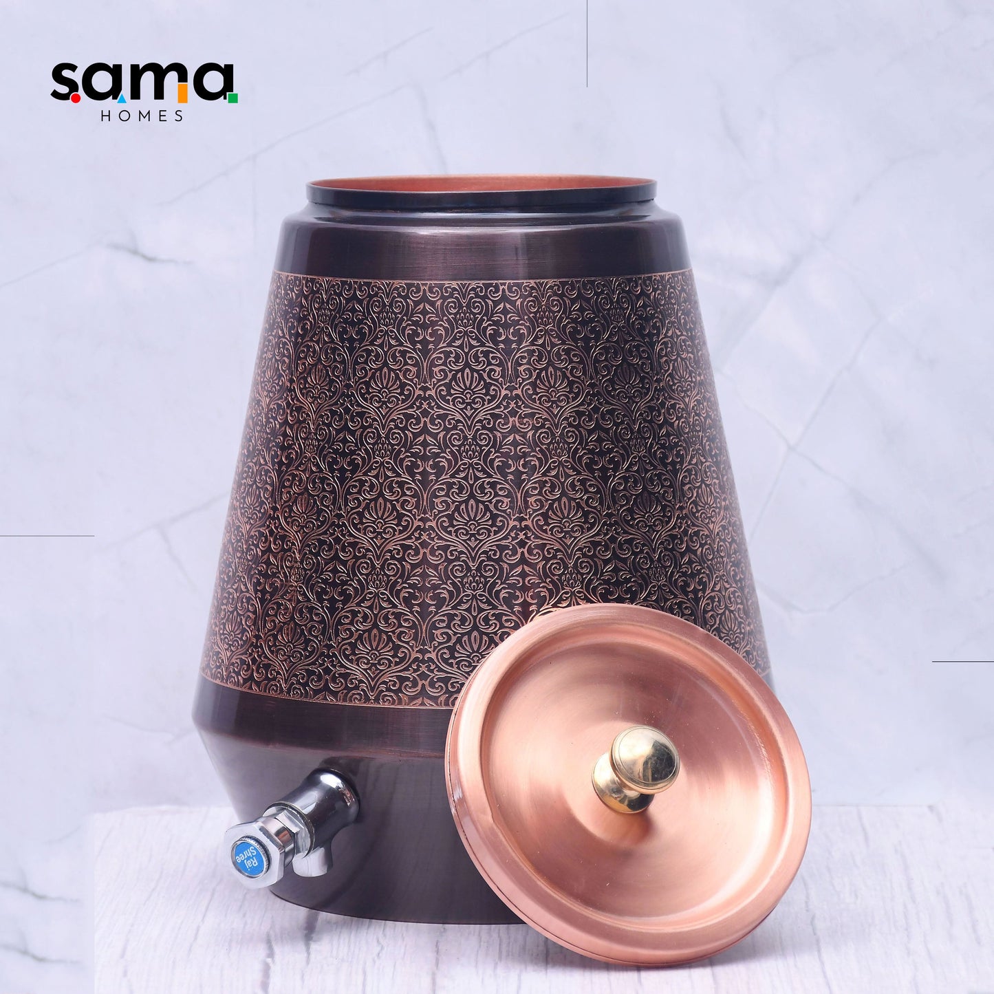 Pure Copper Water Dispenser | Conical Antique Engraved Design | Capacity 5 & 8 Liter - Sama Homes
