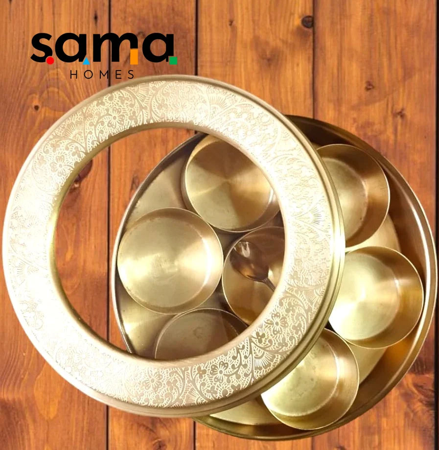 Brass Masala Box With Glass Cover Set for Kitchen with Spoon | Spice Organiser - Sama Homes