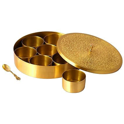 Handcrafted Brass Masala Box Set for Kitchen with Spoon (7 Containers, 40 ML) 6" - Sama Homes