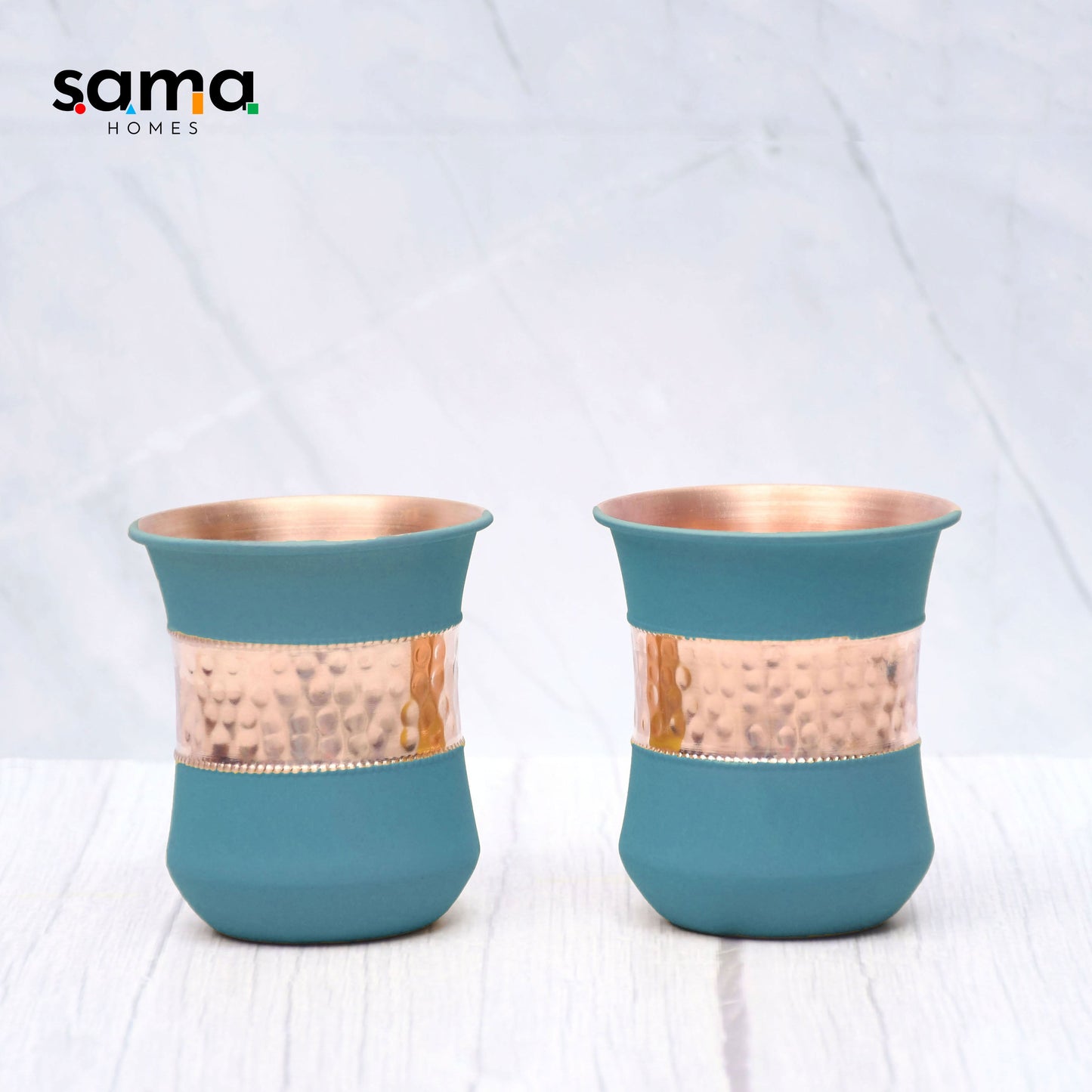 Pure Copper Water Glass Set of 2 Silk Green Half Hammered Damru Tumbler Capacity 300ML - Sama Homes