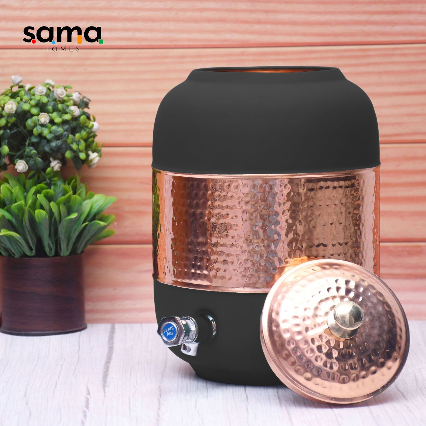 Pure Copper Water Dispenser with Silk Finish and Half Hammered Design 5 & 8 Liter | Colours Available - Red, Blue, Green, Yellow, Black, Gray - Sama Homes