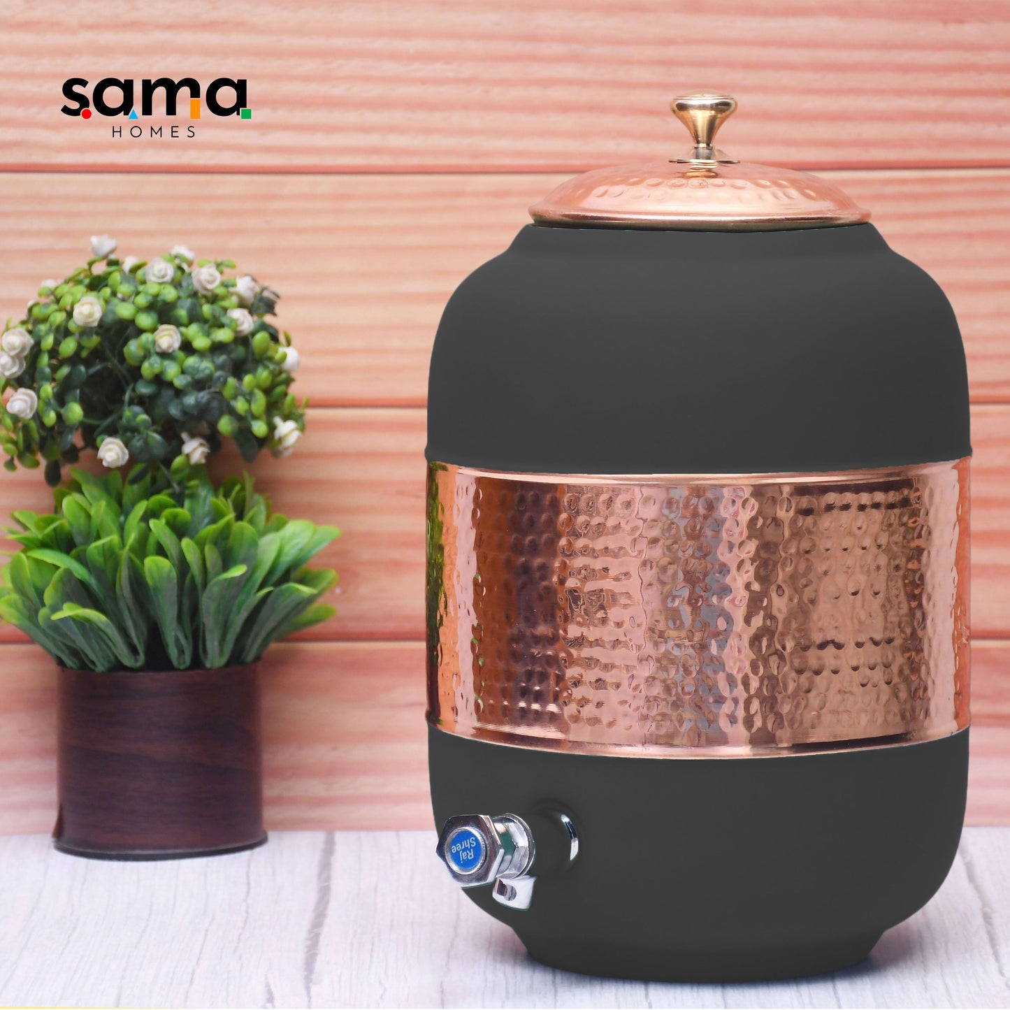 Pure Copper Water Dispenser with Silk Finish and Half Hammered Design 5 & 8 Liter | Colours Available - Red, Blue, Green, Yellow, Black, Gray - Sama Homes