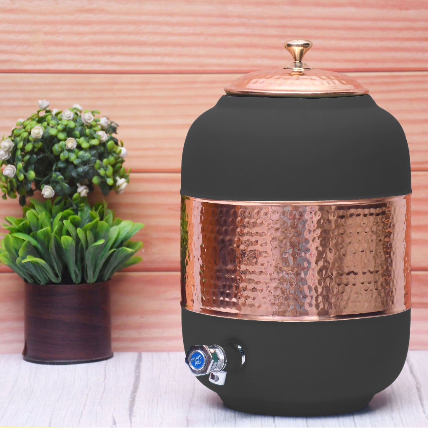 Pure Copper Water Dispenser with Silk Finish and Half Hammered Design 5 & 8 Liter | Colours Available - Red, Blue, Green, Yellow, Black, Gray - Sama Homes
