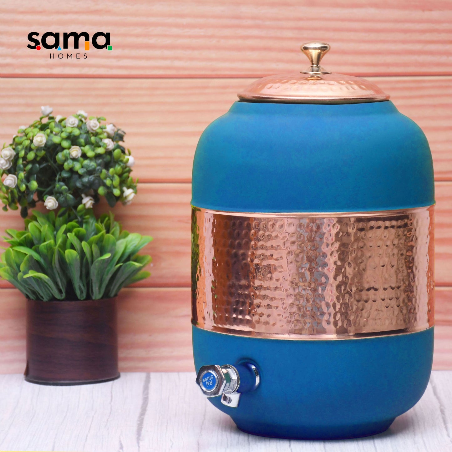 Pure Copper Water Dispenser with Silk Finish and Half Hammered Design 5 & 8 Liter | Colours Available - Red, Blue, Green, Yellow, Black, Gray - Sama Homes