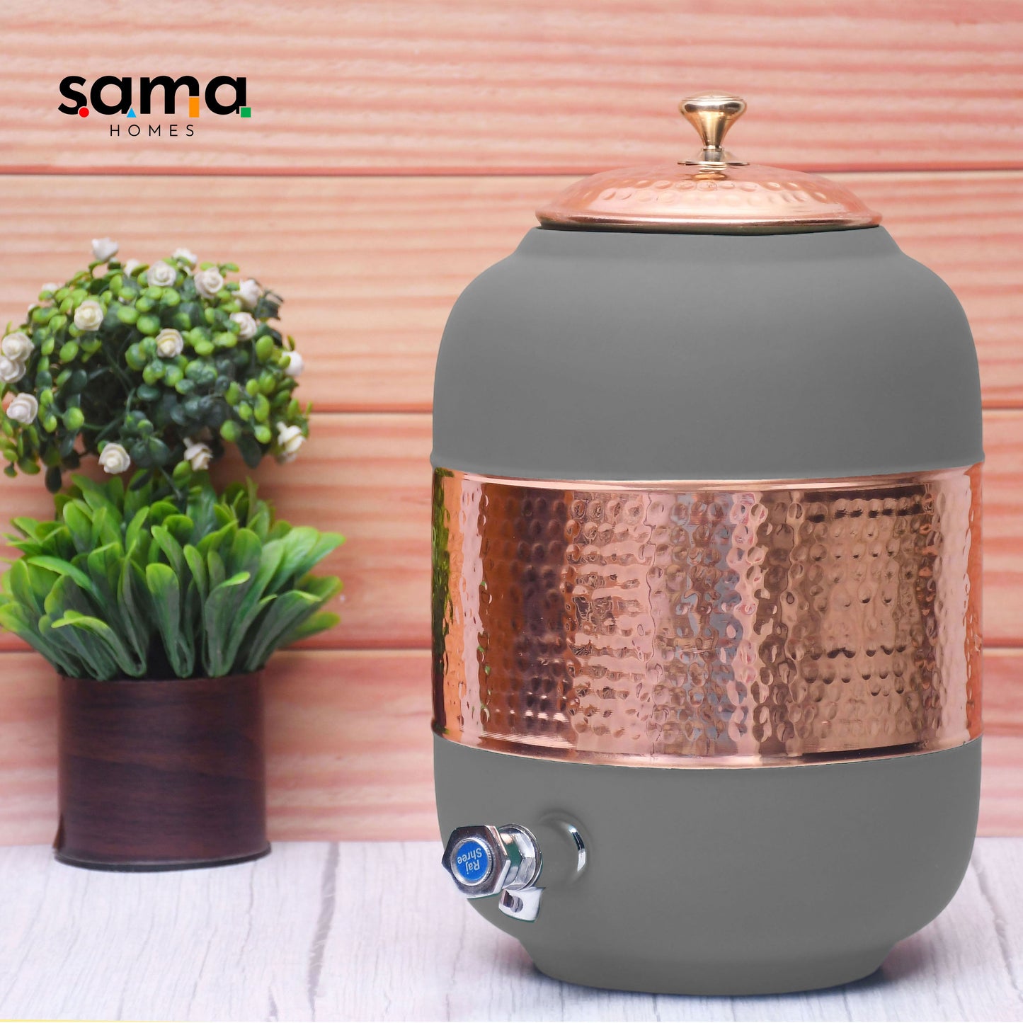 Pure Copper Water Dispenser with Silk Finish and Half Hammered Design 5 & 8 Liter | Colours Available - Red, Blue, Green, Yellow, Black, Gray - Sama Homes