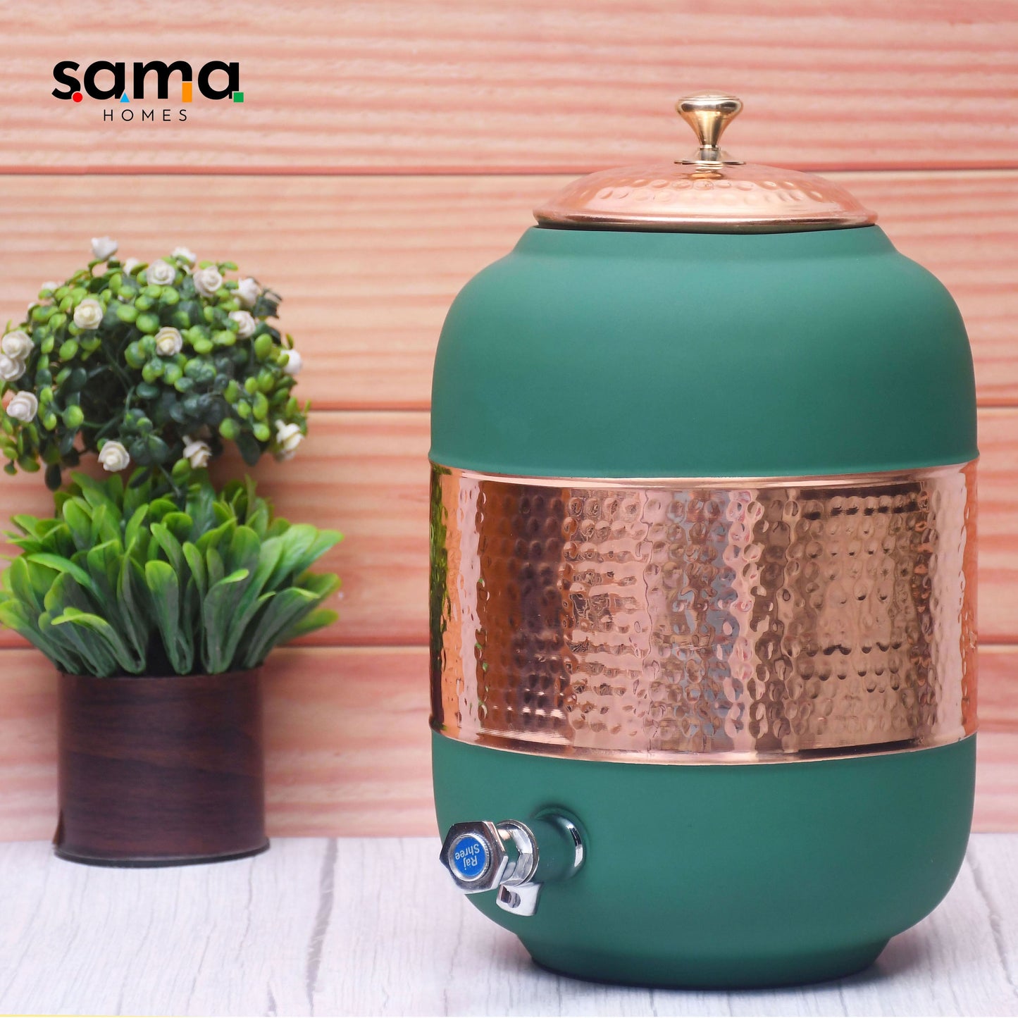 Pure Copper Water Dispenser with Silk Finish and Half Hammered Design 5 & 8 Liter | Colours Available - Red, Blue, Green, Yellow, Black, Gray - Sama Homes