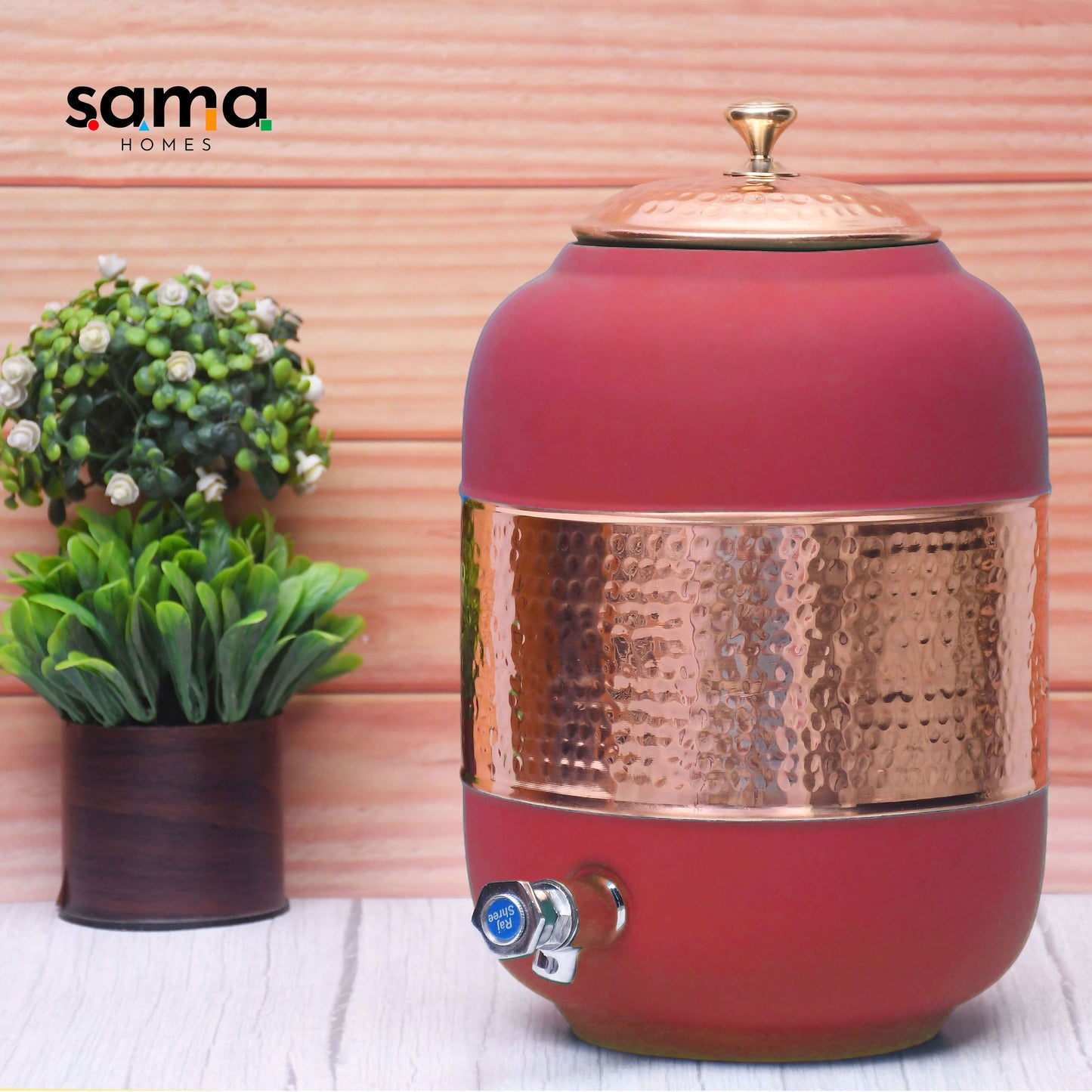 Pure Copper Water Dispenser with Silk Finish and Half Hammered Design 5 & 8 Liter | Colours Available - Red, Blue, Green, Yellow, Black, Gray - Sama Homes