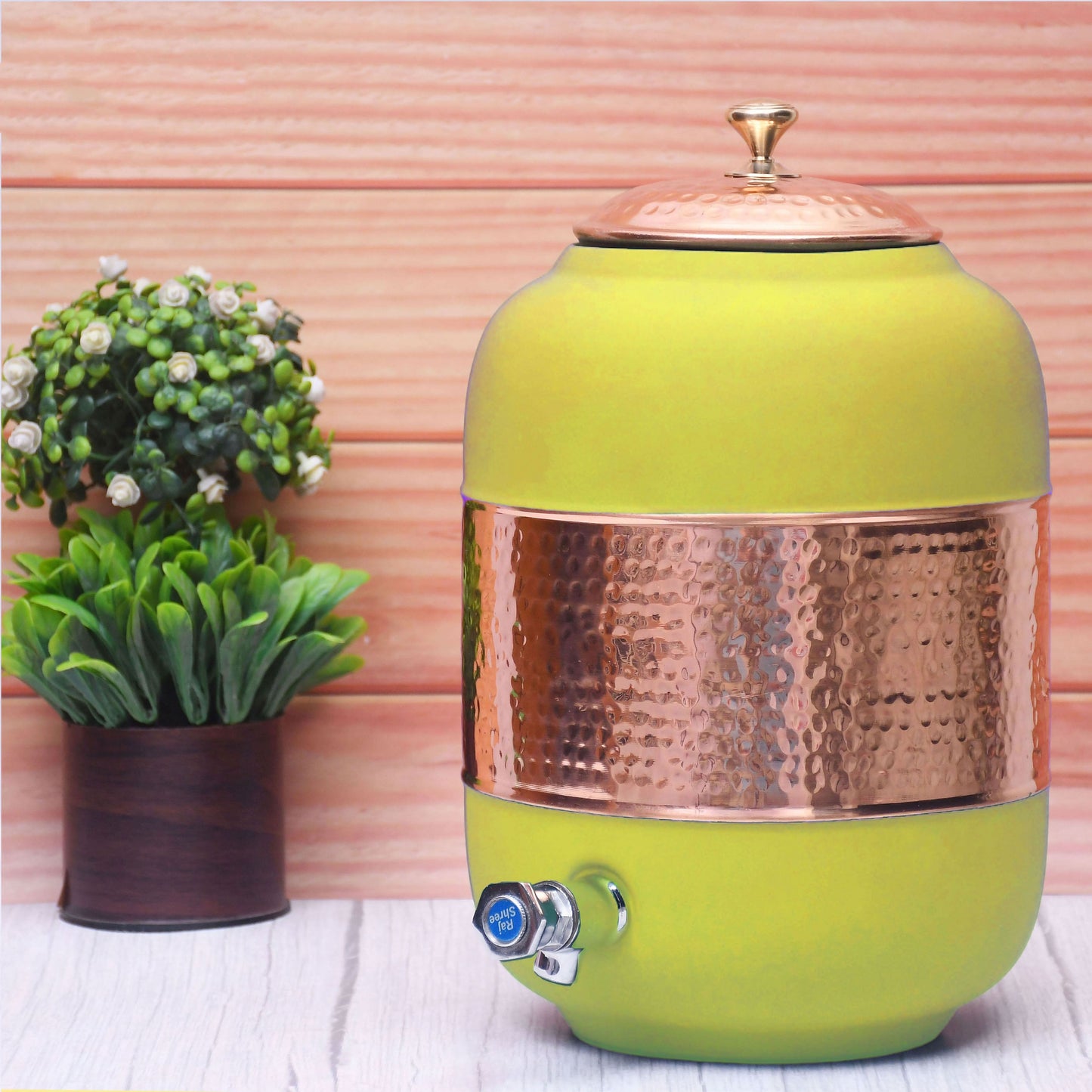 Pure Copper Water Dispenser with Silk Finish and Half Hammered Design 5 & 8 Liter | Colours Available - Red, Blue, Green, Yellow, Black, Gray - Sama Homes