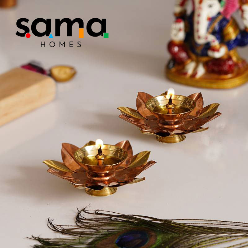 Pure Copper / Brass Elegant Handcrafted Metal Lotus Diya Set of 2 Diwali Special - Sama Homes