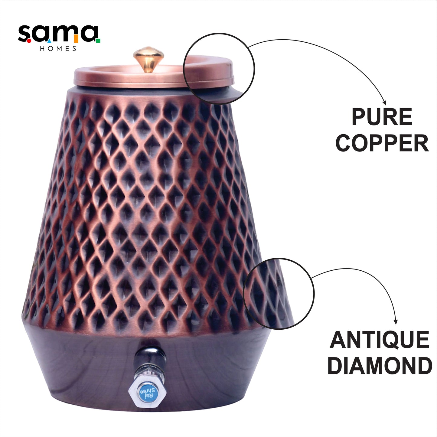 Pure Copper Water Dispenser Conical Antique Diamond Designed Capacity - Sama Homes