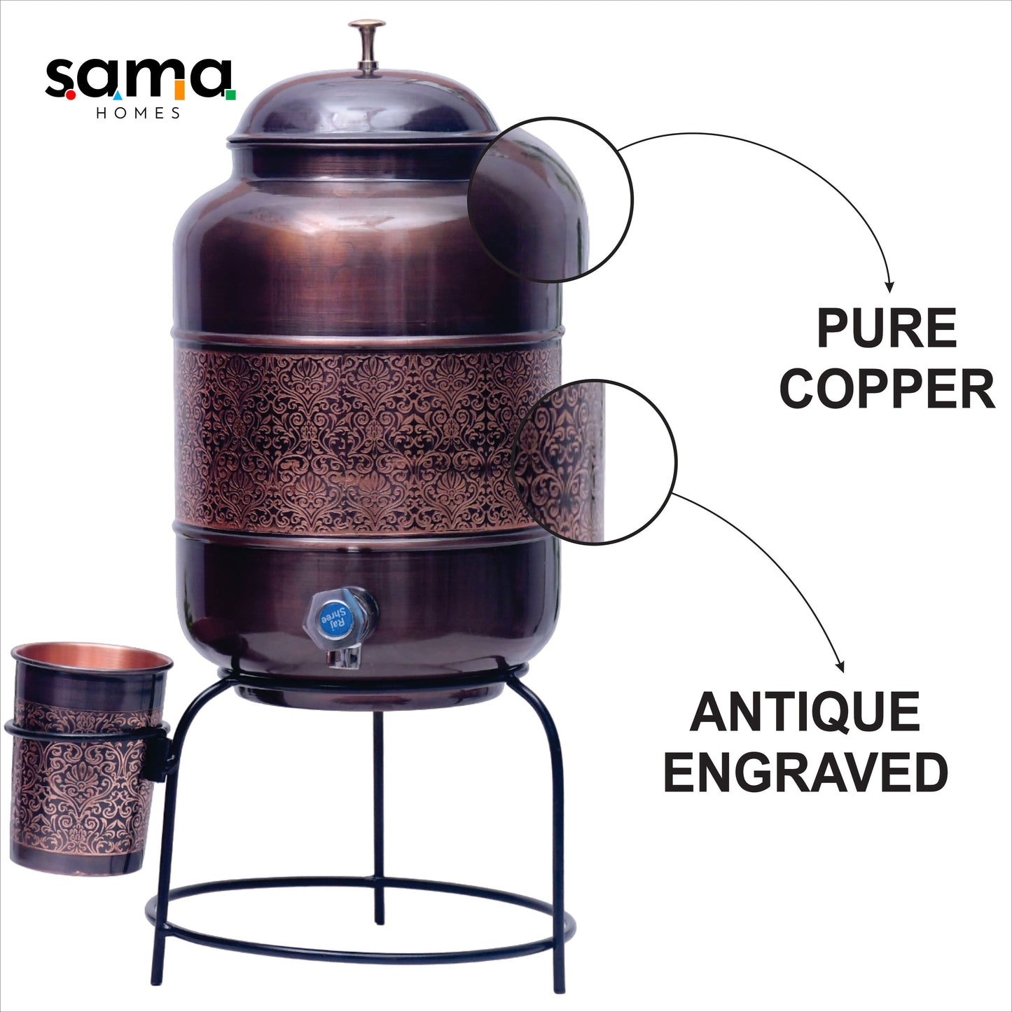 Pure Copper Water Dispenser with Glass and Stand Antique Engraved Designed Combo. - Sama Homes
