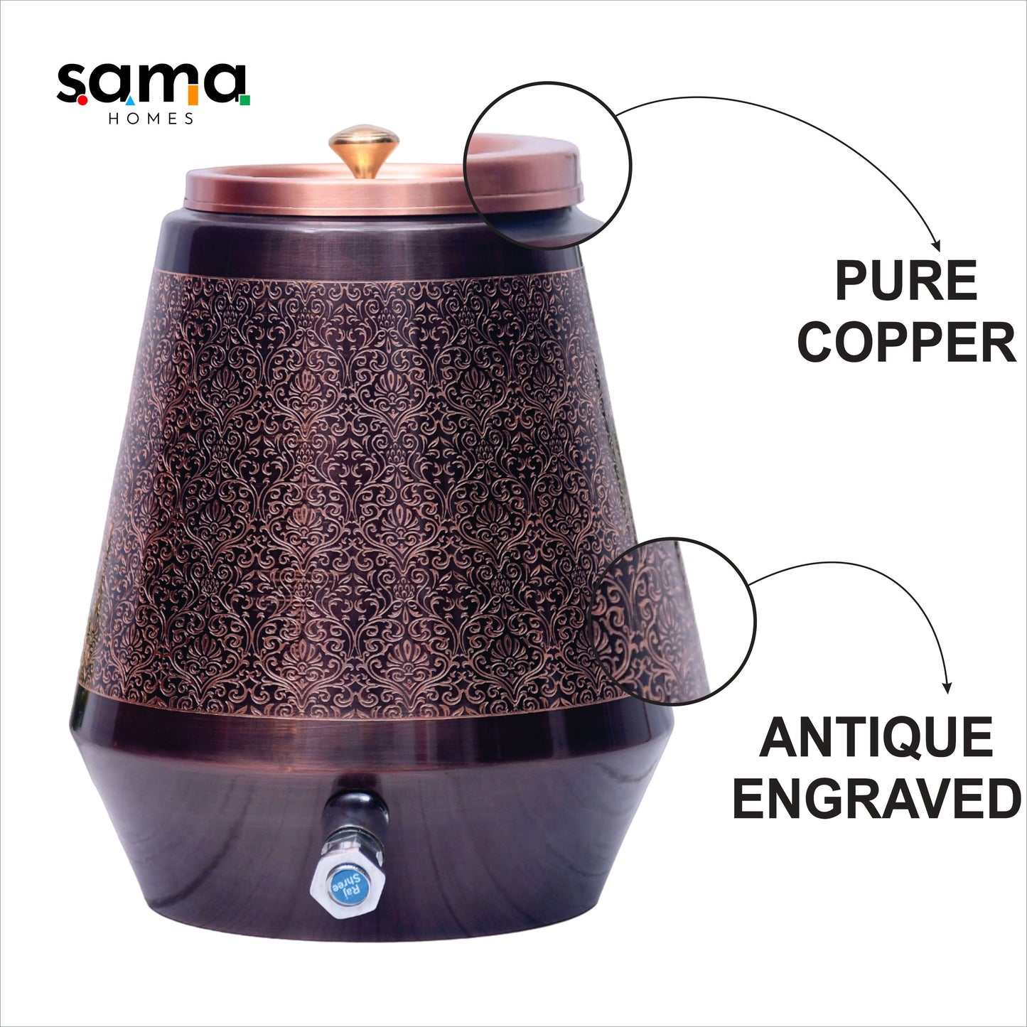 Pure Copper Water Dispenser | Conical Antique Engraved Design | Capacity 5 & 8 Liter - Sama Homes