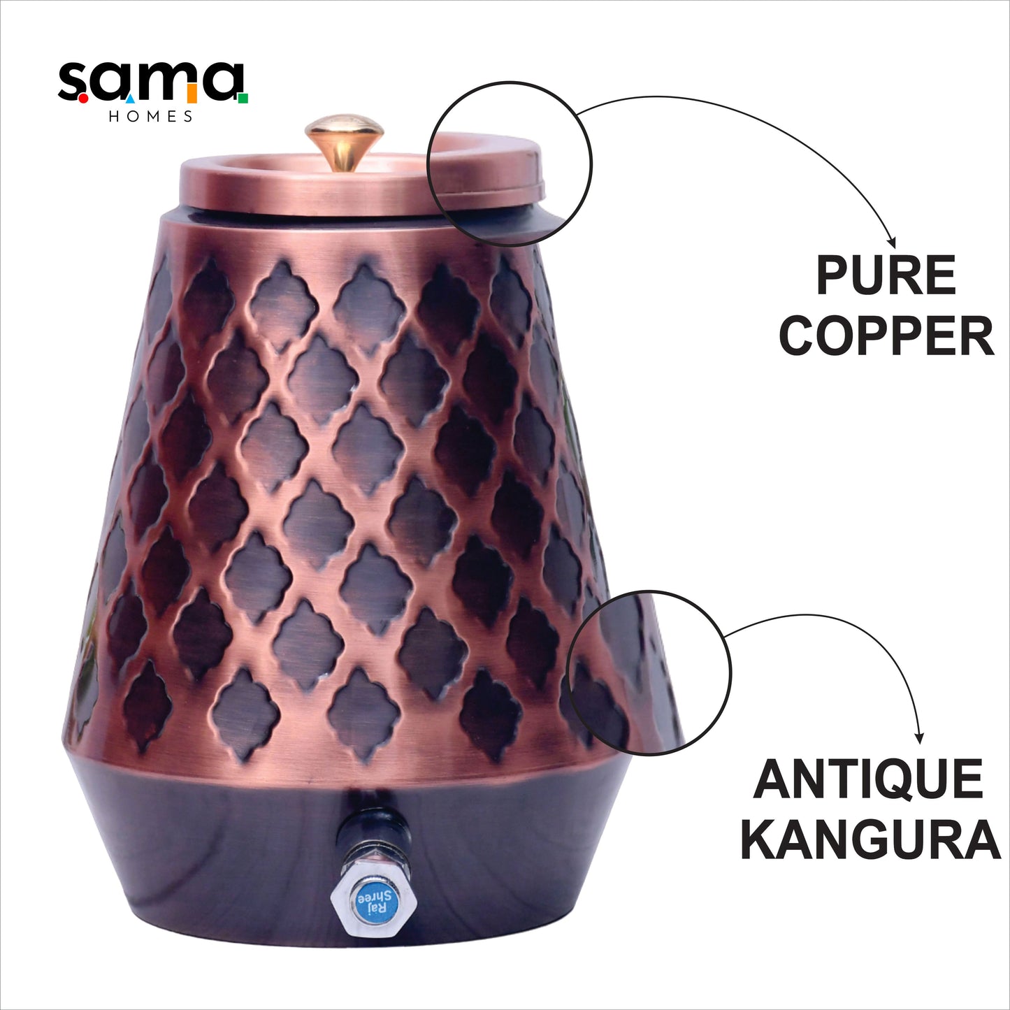 Pure Copper Water Dispenser Conical Antique Kangura Designed Capacity - Sama Homes